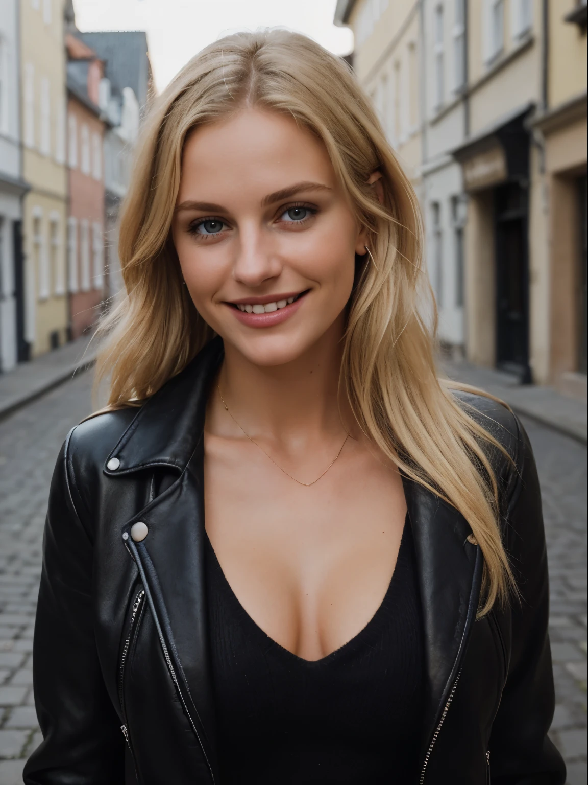 photography of 1 stunning 23 year old girl , wearing a v neck sweater and a black leather jacket , ,european face, blonde hair ,in a typical street in denmark , portrait picture, smiling, looking into camera , spectacular lighting, gorgeous, (deep cleavage), photoshoot, western, (masterpiece), best quality, high resolution, extremely detailed background, skin with pores, , cinematic lighting Completed, happy face, beautiful smile