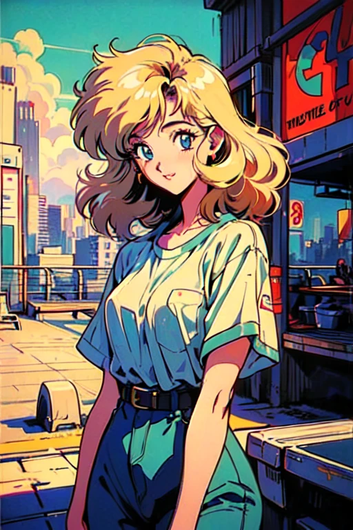 (80's, retro, city pop poster:1.5), (album cover), (masterpiece, best quality), (anime, illustration), 
best photo pose, dynamic angle, cowboy shot,
girl, solo, smile, perfect detail eyes, delicate face, blue eyes, blonde hair, curly hair, big glasses.
high fashion, 