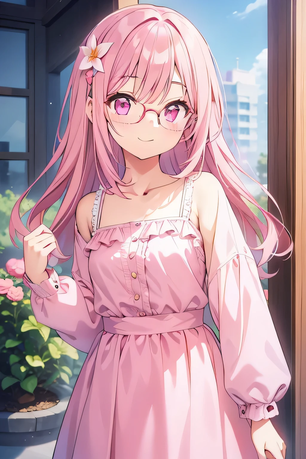 1girl, medium hair, pink hair, pink eyes, wearing casual outfit, pure long hair, in-house, hair flower ornaments, smile, wearing round glasses, babyface, smallbody
