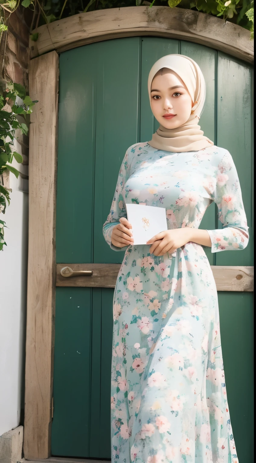 (((holding a brochure show it to viewer))), full body shot of (abbie_cornish:0.6) indonesian daughter wearing a casual shirt, casual dress, long skirt, in a rustic village,face incredibly detailed, lips, realistic skin, solo,medium breasts,skin tight, puffy ,facial, masterpiece,best quality, Intricate, High Detail, dramatic, front view, wide view,RAW, Best quality, high resolution, masterpiece: 1.3), beautiful Malay woman in hijab,Masterpiece, perfect fit body, big breast,big gorgeous eyes, Soft smile,beutiful face,thick thighs, woman in a black and white floral dress standing in front of a green door, modest flowing gown, beautiful soft silky dress, beautiful silky dress, beautiful detailed dress, stylish dress, swirly flower dress, wearing a long flowery dress, full covered dress, delicate patterned, long dress female, frock, flowery dress, baroque dress, lady with glowing flowers dress , (Delicate turtleneck) , shairband, afternoon walk, City garden, Excellent lighting, Bright colors, Clean lines,
