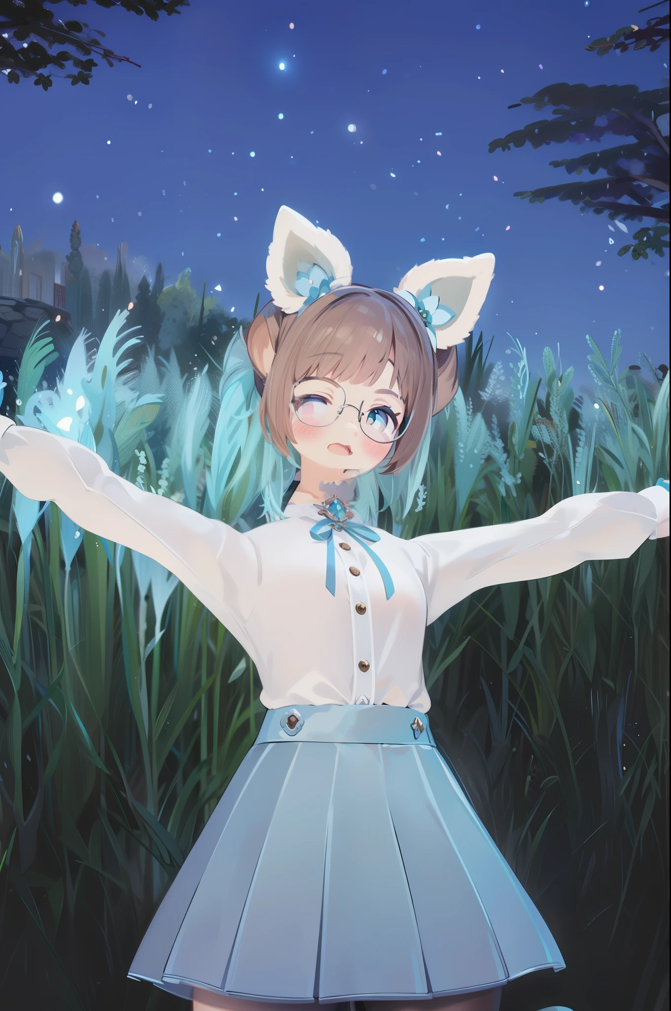 anime girl dans une robe blanche avec ses bras tendus en l&#39;air, fille avec des oreilles de chat, fille aux oreilles de renard, anime fille avec des oreilles de chat, Femme avec des oreilles de chat, lunar themed outfit, rendu d&#39;une jolie fille anime 3D, fille chat blanc, holo est une fille-loup, cheveux roses et yeux cyan, style final fantasy 14