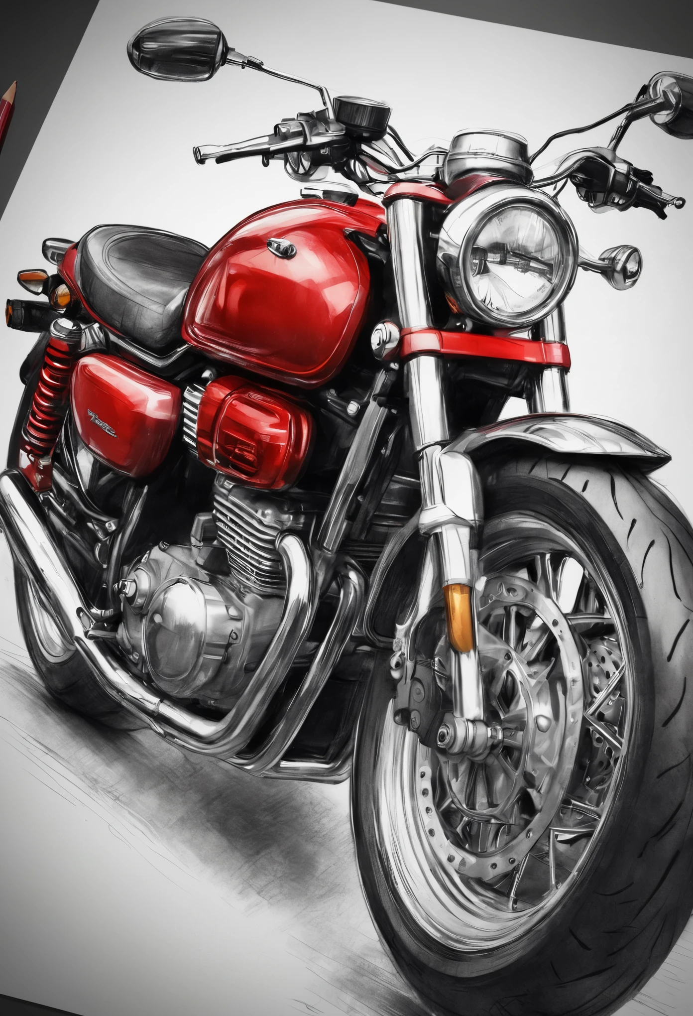 Motorcycle design, red shades, design sheet, sketch drawings.hyper realistic photo 50mm boked 1,2