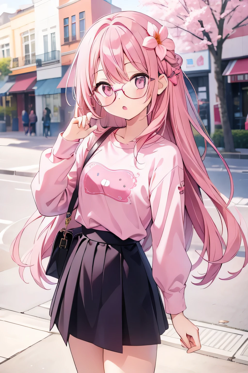 1girl, medium hair, pink hair, pink eyes, wearing casual outfit, pure long hair, in-house, hair flower ornaments, :o, wearing round glasses, face, smal