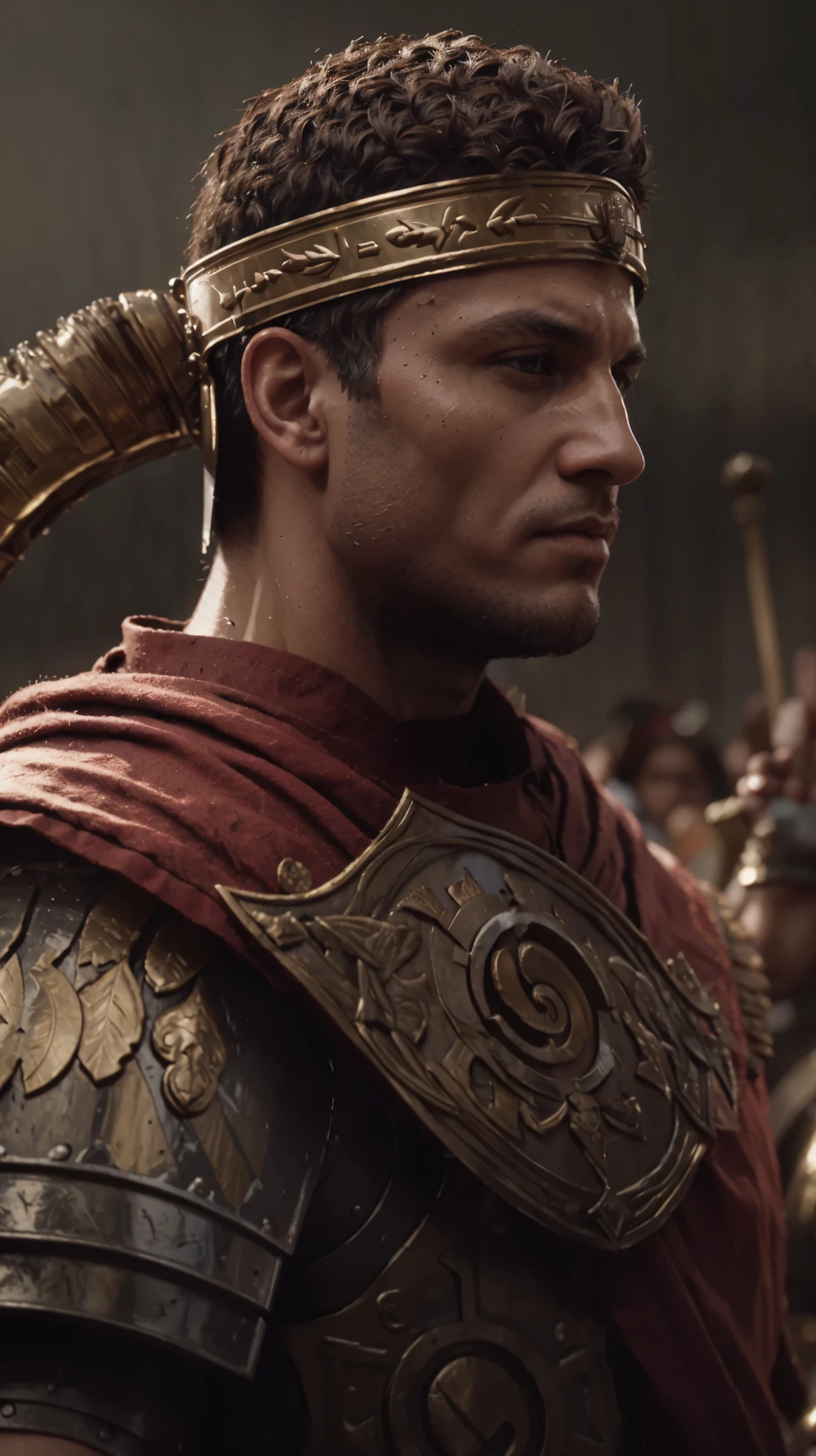 Julius Caesar in a helmet and armor, roman emperor, roman centurion, roman legionnaire, wojtek fus, detailed painting 4 k, detailed cinematic render, inspired by Pogus Caesar, inspired by Caesar Andrade Faini, roman gladiator, 4 k detail fantasy, ancient rome man, ancient soldier, inspired by Roman Bezpalkiv