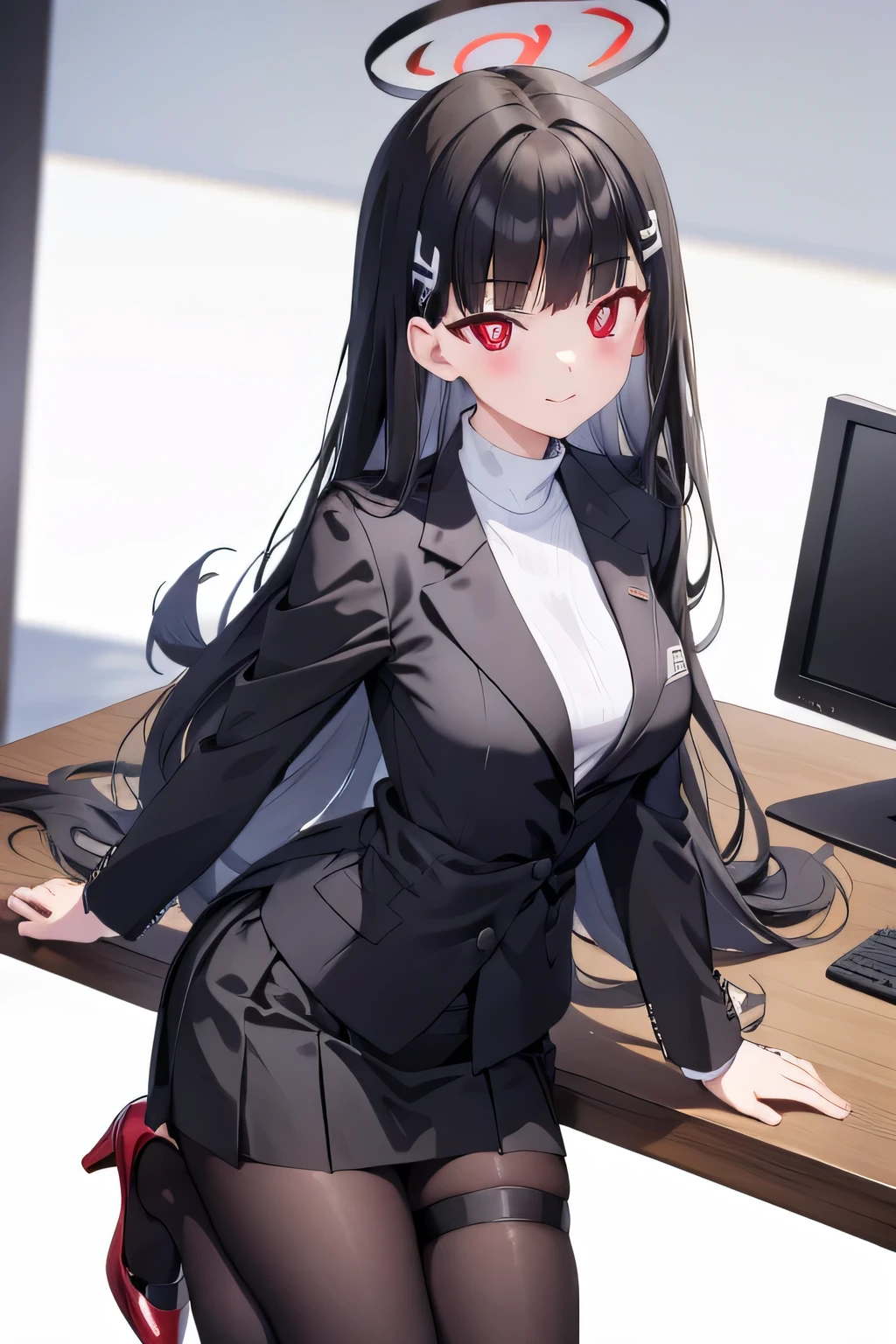 rio, black hair, (red eyes:1.5), hair ornament, hairclip, halo, long hair,
black footwear, black jacket, black pantyhose, black skirt, buttoned cuffs, high heels, jacket, long sleeves, office lady, pantyhose, ribbed sweater, skirt, sweater, thigh strap, turtleneck, turtleneck sweater, white sweater, in office room, smile, 8k resolutions, upper body