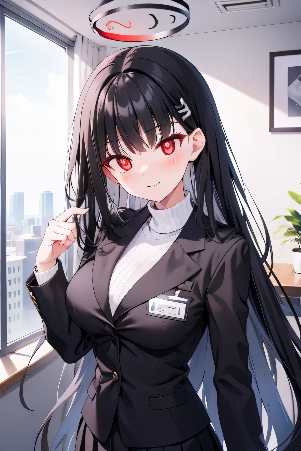rio, black hair, (red eyes:1.5), hair ornament, hairclip, halo, long hair,
black footwear, black jacket, black pantyhose, black skirt, buttoned cuffs, high heels, jacket, long sleeves, office lady, pantyhose, ribbed sweater, skirt, sweater, thigh strap, turtleneck, turtleneck sweater, white sweater, in office room, smile, 8k resolutions, upper body
