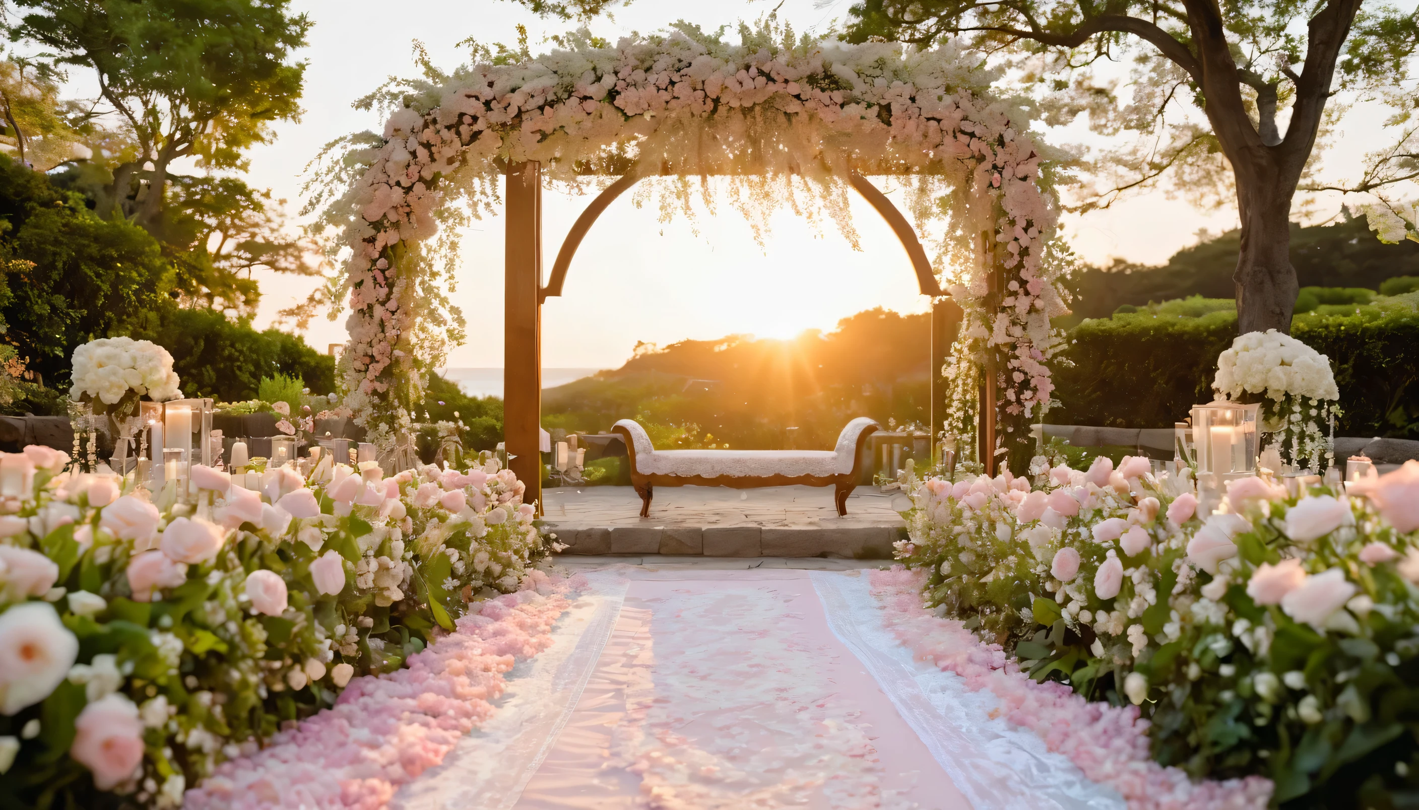 Design a captivating image set in a serene garden at sunset, where the pathway is lined with hundreds of softly glowing candles leading to an intricately carved wooden arch covered in a cascade of white and blush pink flowers. The scene is absent of people, focusing instead on the romantic ambiance, with elegant invitations and vintage lace wedding gowns draped over a nearby antique chair, all surrounded by petals and delicate ribbons that dance in the gentle breeze