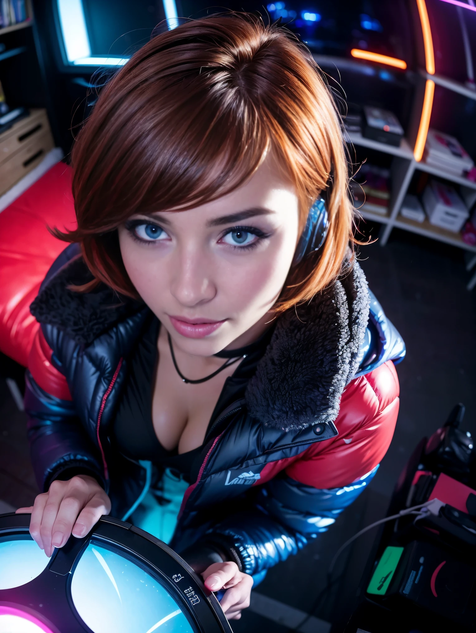 (((Fisheye 5 mm lens, from above))) One ultra hot European gorgeous woman, age 23, auburn wavy hair. (sunglasses), full size headphones,laughing, dark New Year's outside rave party,DJ working at DJ booth, in a snowy village.neon cyberpunk at night, neon glow, cleavage,ultra-detailed, photo-realistic:1.37), portraits, (vivid colors), rave lighting, energetic, enthusiastic, excited, expressive. Winter starry night. Masterpiece. Northern lights, laser light