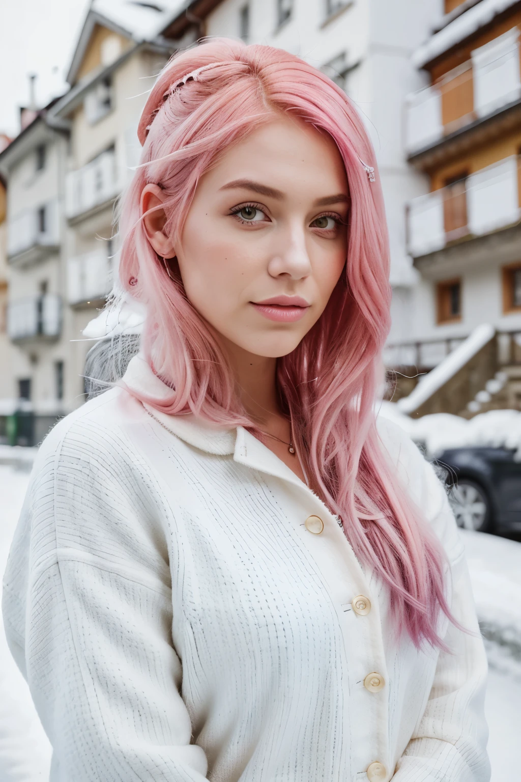 portrait of a very beautiful woman, professional model lover, with pink hair, instagram, influencer, background in Switzerland, winter