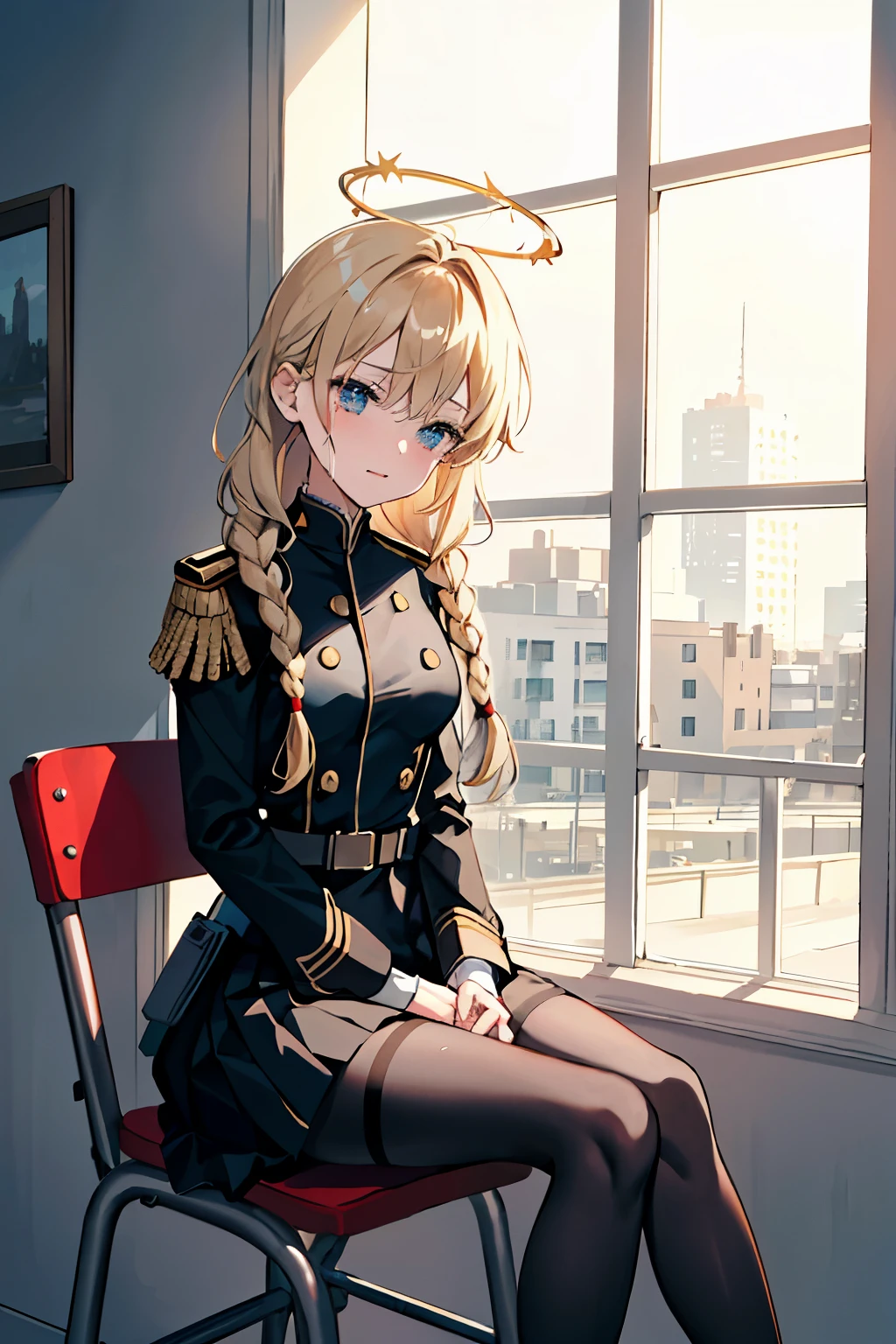 ((highest quality)), ((masterpiece)), (be familiar with),(( black military uniform with a little red line)),((The hairstyle is long braided hair.)),((blonde)),((golden halo)),((holster on right hip)),((woman)),((black skirt tights)),((laugh while crying)),((adult)),((blue eyes)),((folding chair)),((close legs)),((put your left hand on your knee)),((sitting)),((hospital room)),wallpaper,1 girl,Accurate picture,blue archive impact,Right 25°,long sleeve,sunlight,By the window,tears,Sit with good posture with your legs closed