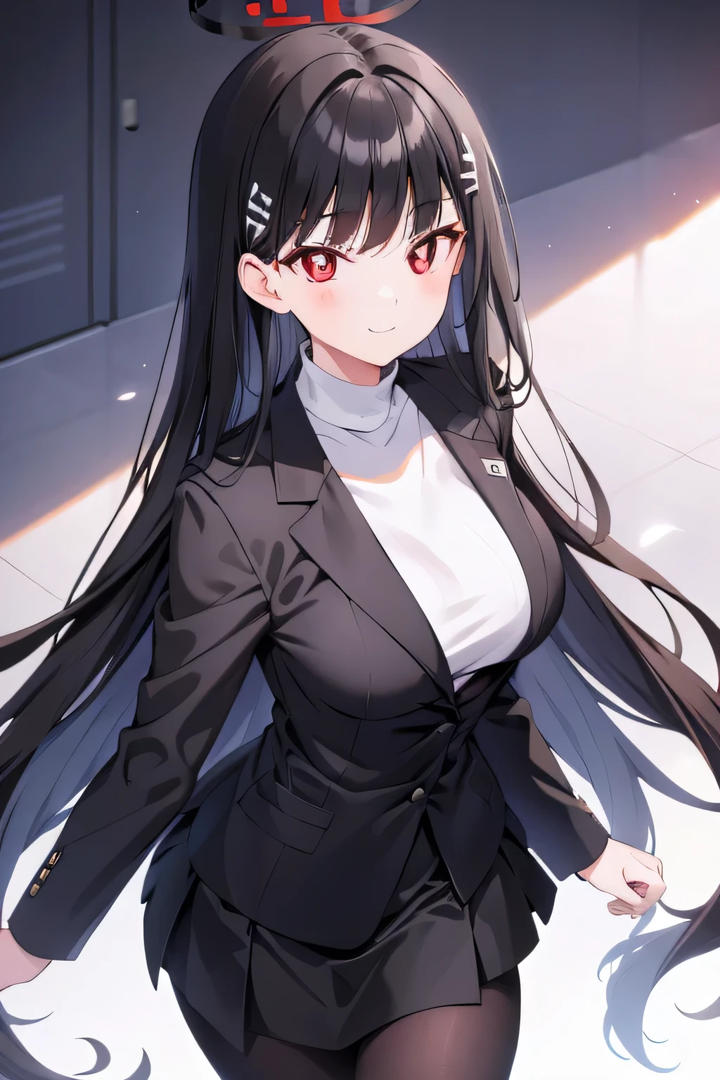 rio, black hair, (red eyes:1.5), hair ornament, hairclip, halo, long hair,
black footwear, black jacket, black pantyhose, black skirt, buttoned cuffs, jacket, long sleeves, office lady, ribbed sweater, skirt, sweater, thigh strap, turtleneck, turtleneck sweater, white sweater, masterpiece, smile, 8k resolutions, upper body