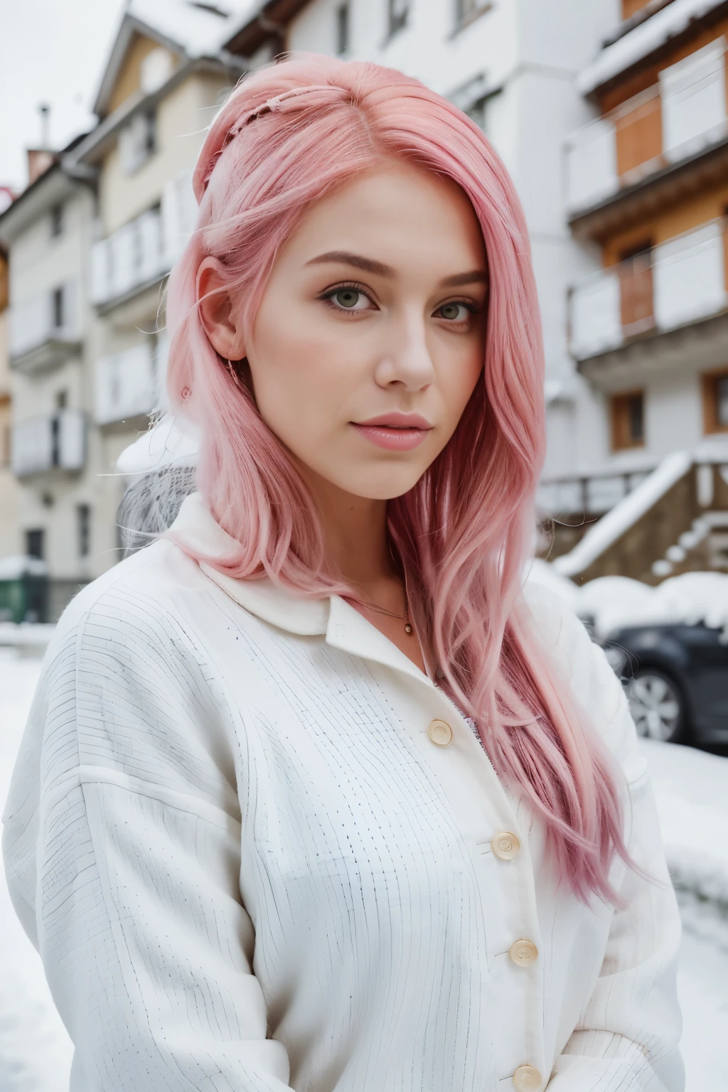 portrait of a very beautiful woman, professional model lover, with pink hair, instagram, influencer, background in Switzerland, winter