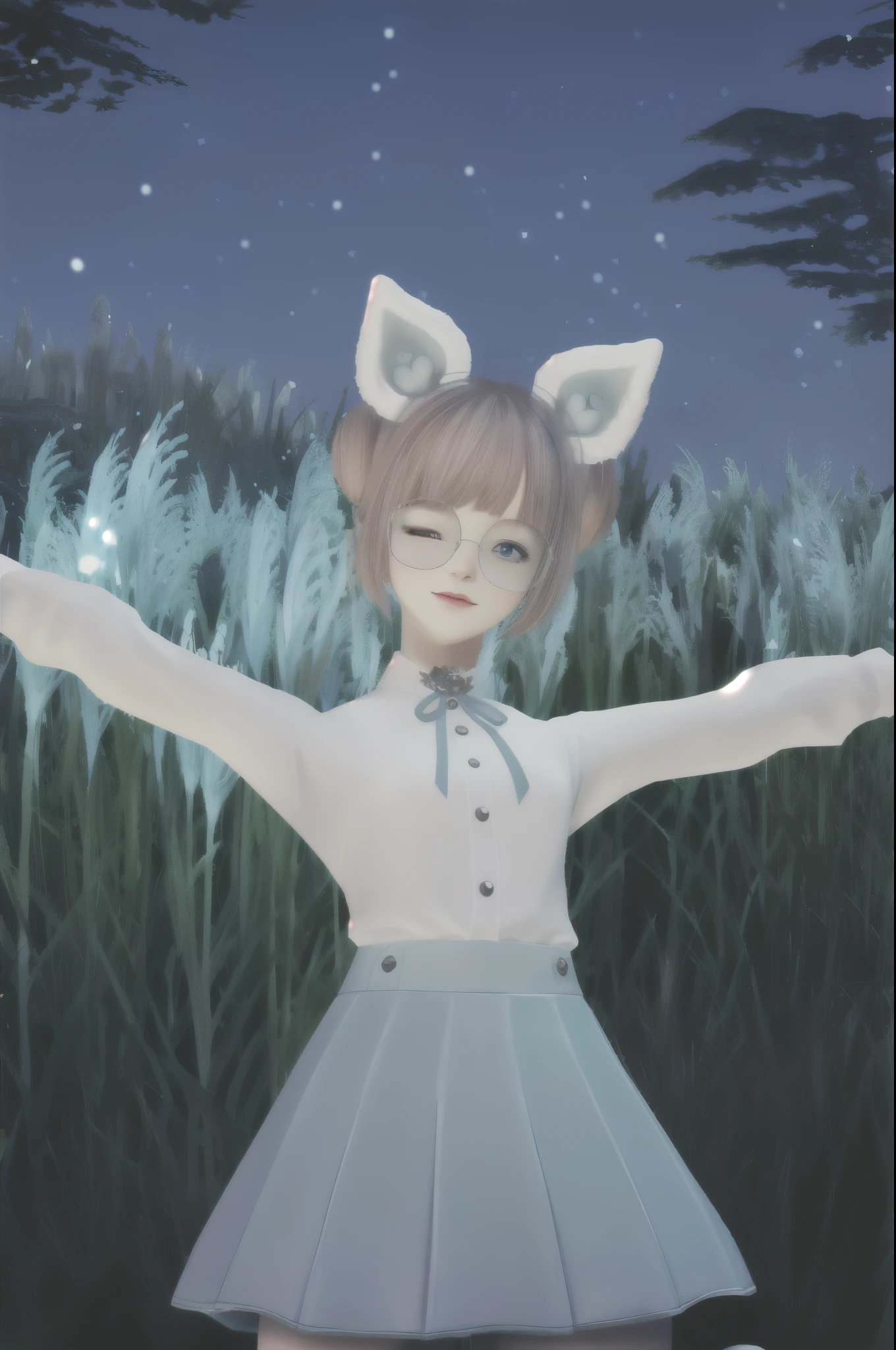 anime girl dans une robe blanche avec ses bras tendus en l'air, fille avec des oreilles de chat, fille aux oreilles de renard, anime fille avec des oreilles de chat, Femme avec des oreilles de chat, lunar themed outfit, rendu d'une jolie fille anime 3D, fille chat blanc, holo est une fille-loup, cheveux roses et yeux cyan, style final fantasy 14