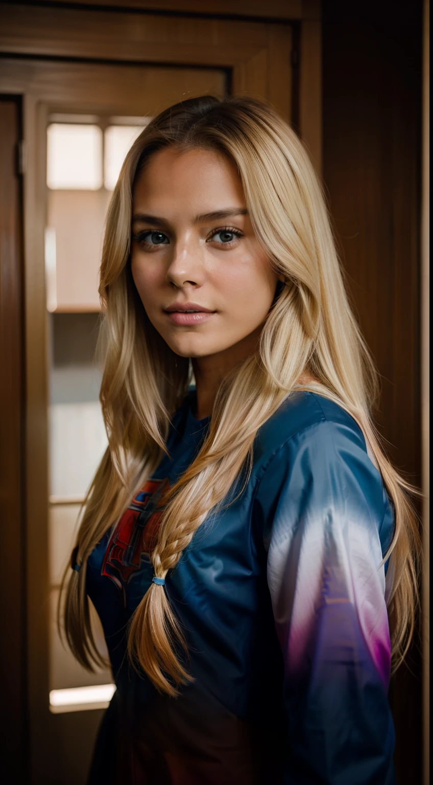 Photograph taken with the camera of an iPhone BREAK selfie in medium shot of a 20-year-old woman with long light blonde hair,blanca senos medianos,grandes.con traje de spider-man.(ombre:1.3) film grain, calidad media