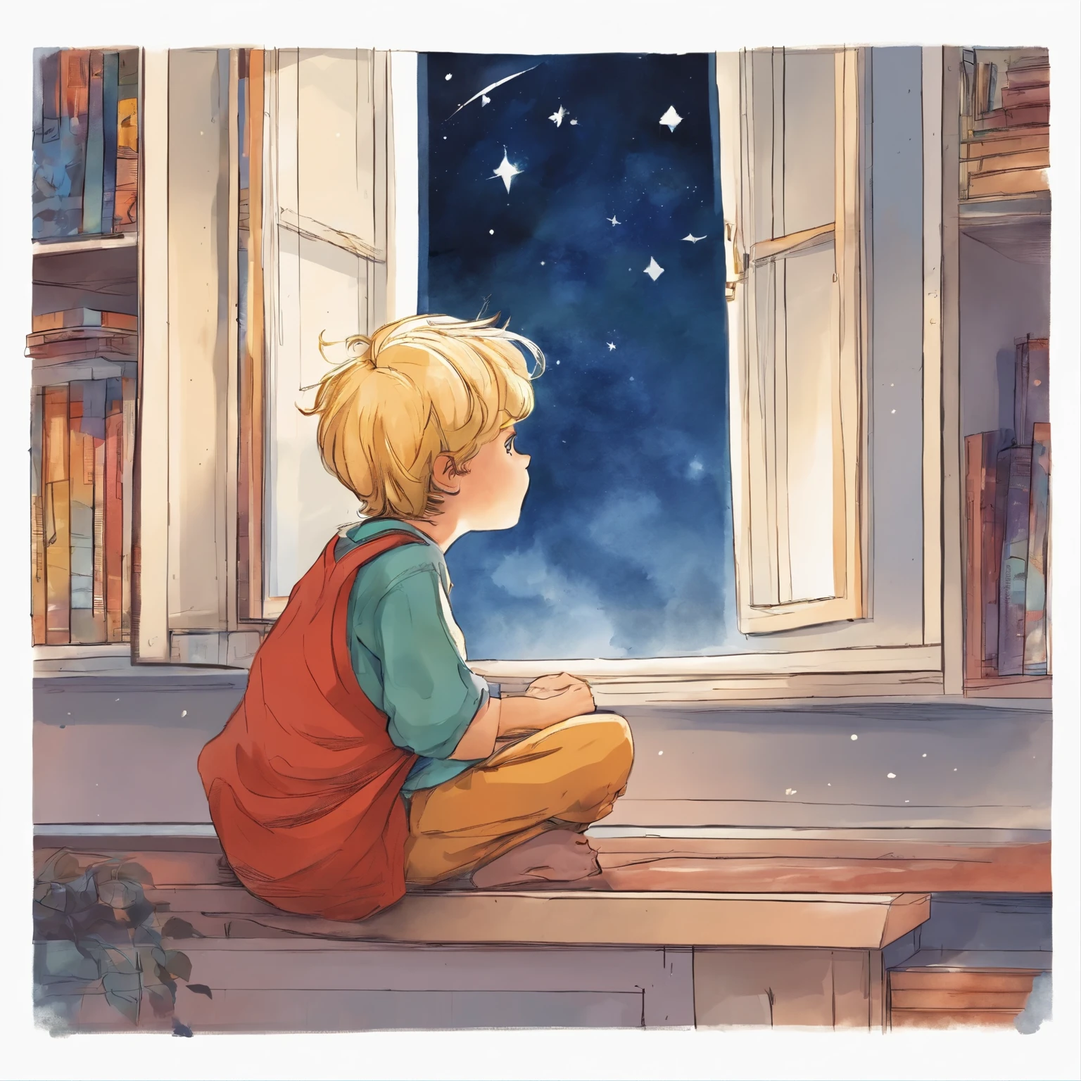 ((highest quality)), ((masterpiece)), Picture book style,boy,Europe,looking at the stars,profile,Window Closet,5 years old,blonde,night sky,pajamas,look up at the sky,watercolor painting