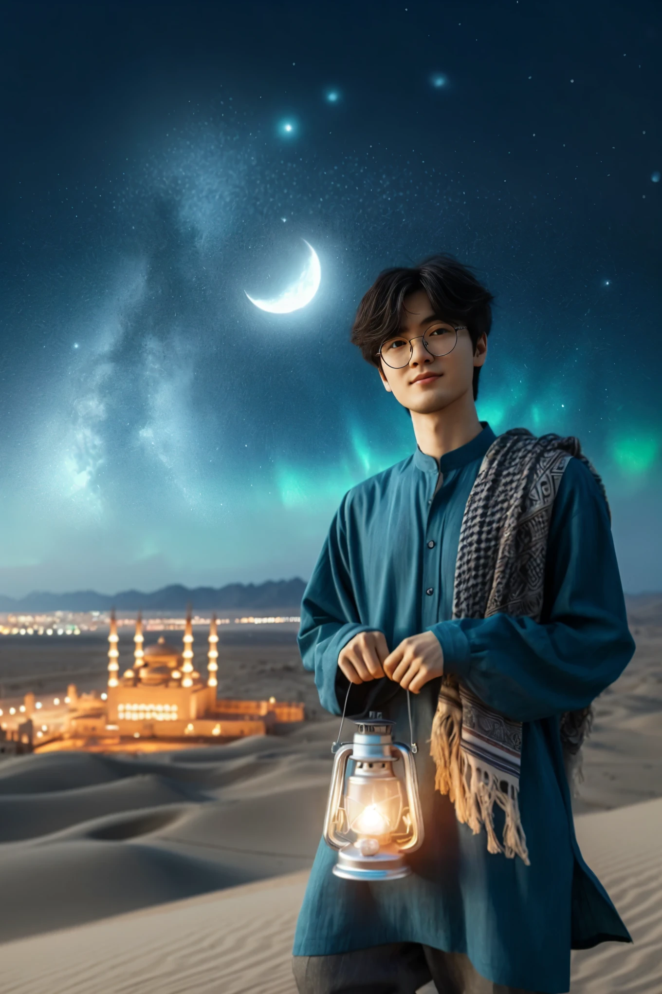 arafed man holding a lantern in the desert at night, profile picture 1024px, portrait shot, inspired by jeonseok lee, 1 0 0 1 night, mid shot portrait, ✨🕌🌙, inspired by Yeong-Hao Han, inspired by Amir Zand, arabian night, holding a lantern, moon behind him, inspired by Zhang Han