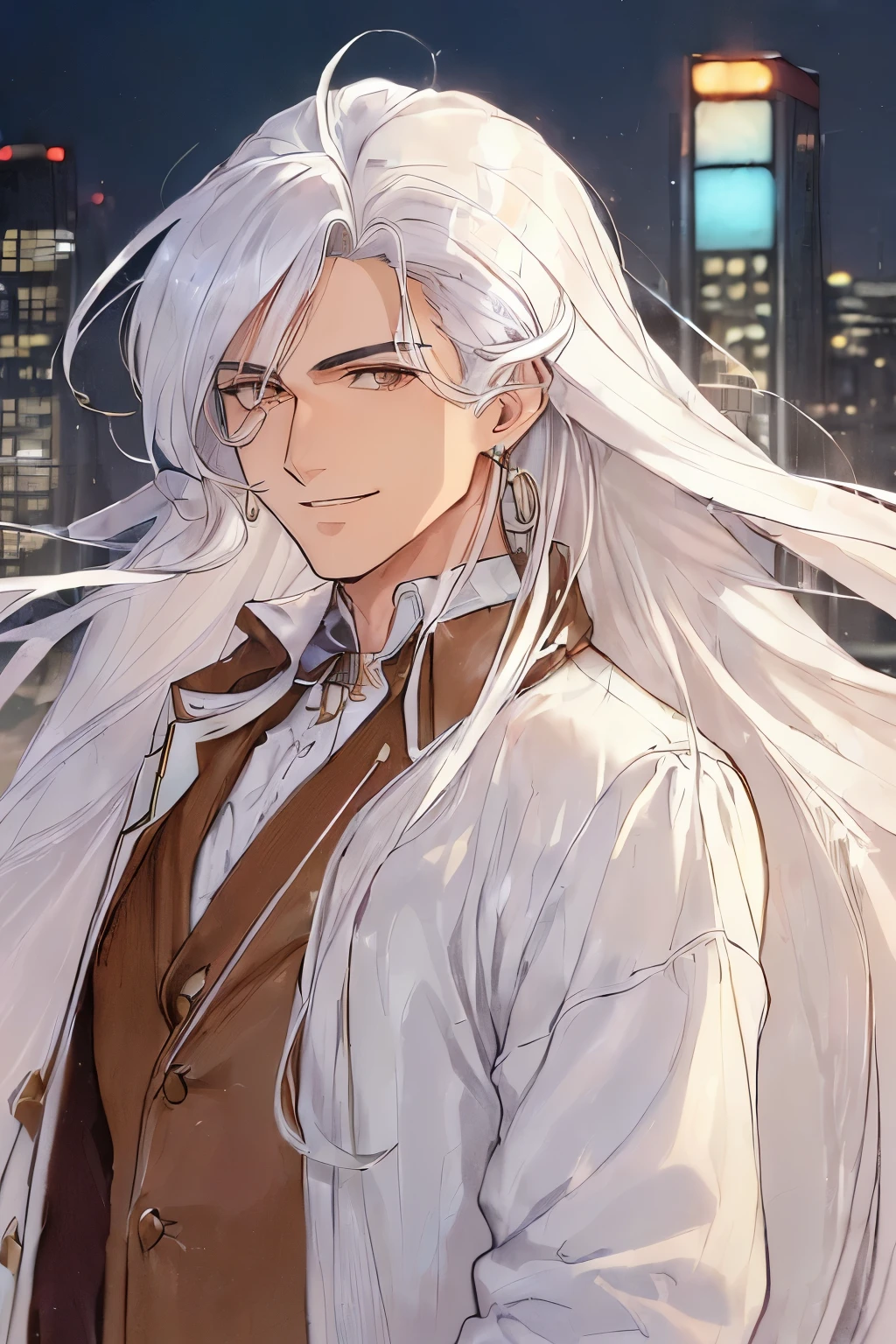 (Man in his mid-20s, Long white hair, Straight hair, Brown eyes:1.6), (80's Retro, City pop:1.5), (masterpiece, best quality, intricate detail:1.4), (anime, illustration:1.2), (pastel colors:1.3), (best photo pose:1.0), (dynamic angle:1.1), Man (mid-20s), (long white hair styled in a sidecut), (straight hair falling in soft waves), (silver long knot earring adorning one ear), (solo:1.0), (smiling subtly with a