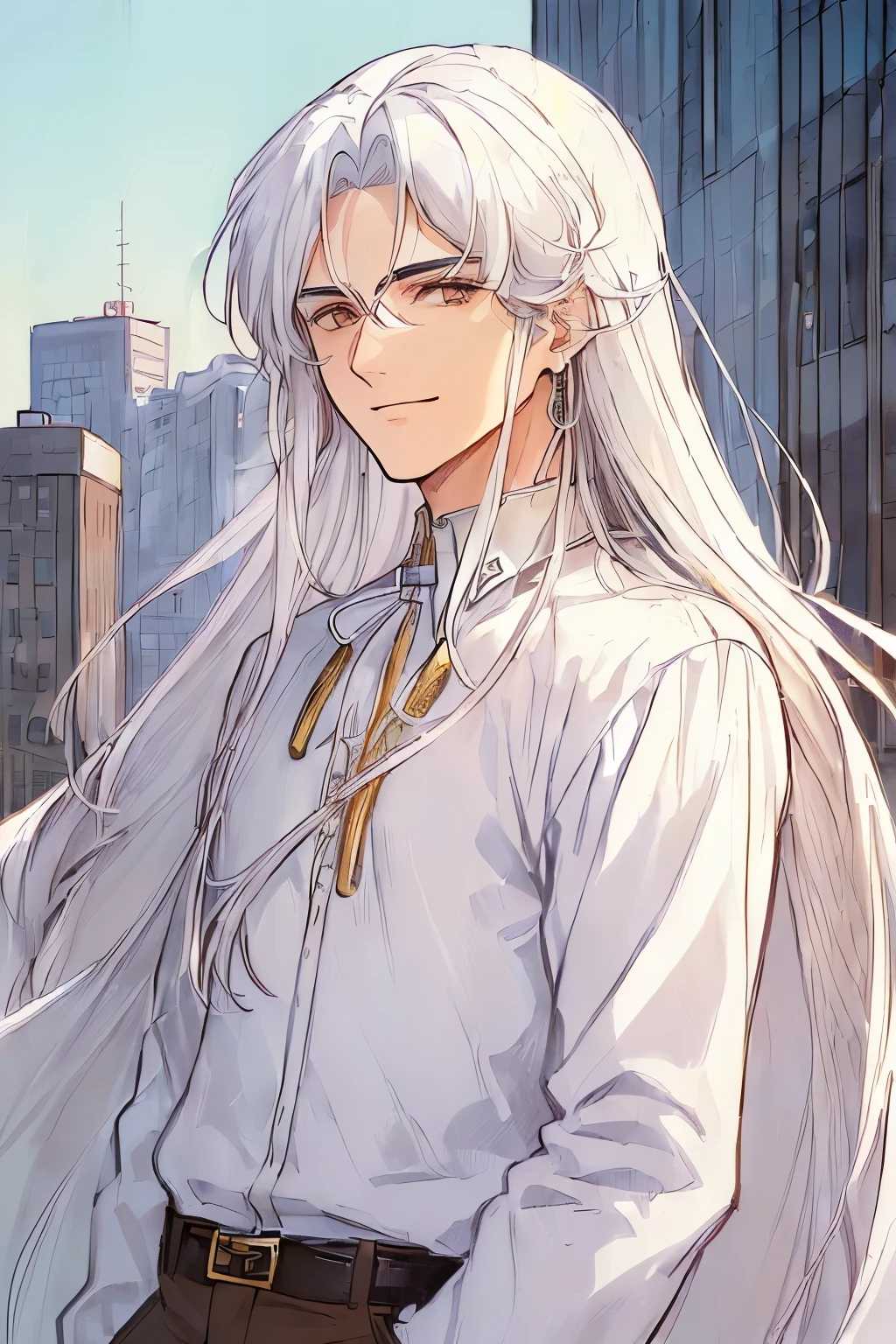 (Man in his mid-20s, Long white hair, Straight hair, Brown eyes:1.6), (80's Retro, City pop:1.5), (masterpiece, best quality, intricate detail:1.4), (anime, illustration:1.2), (pastel colors:1.3), (best photo pose:1.0), (dynamic angle:1.1), Man (mid-20s), (long white hair styled in a sidecut), (straight hair falling in soft waves), (silver long knot earring adorning one ear), (solo:1.0), (smiling subtly with a