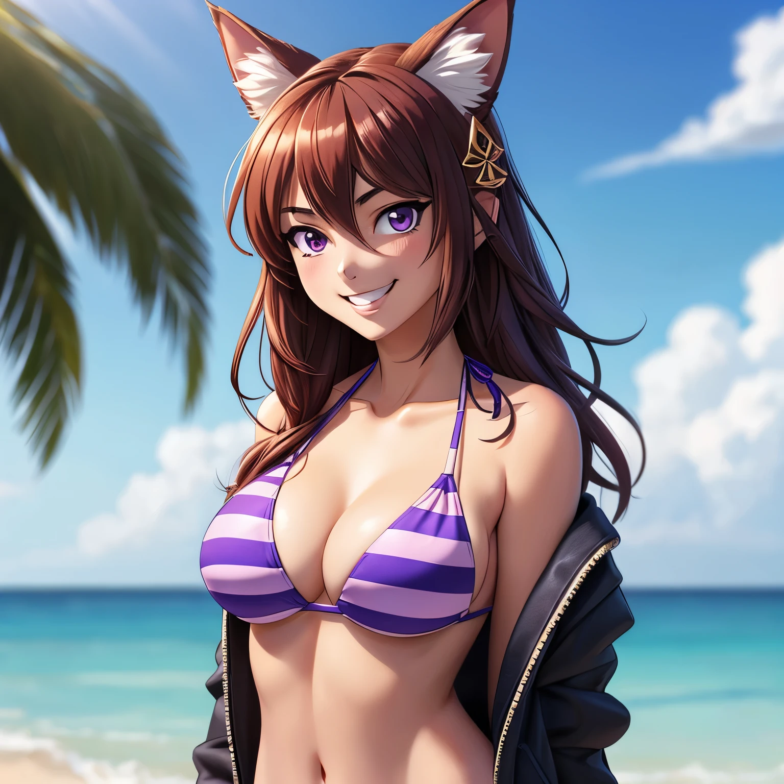 (Masterpiece, Best quality, beautiful anime art, 1 girl, One, purple eyes, I look at the viewer, Breast, long hair, bare shoulders, clavicle, Jewelry, animal ears, bracelet, smile, split, striped bikini, official alternate costume, animal ear fluff, swimsuit, bang, grin, striped, vertical-striped bikini, bikini, blush, large Breast, from the shoulder, jacket, hair ornament, Upper body, eyebrows visible through the hair, cinematic light, (sharp focus, very detailed, ultra realistic, 8K