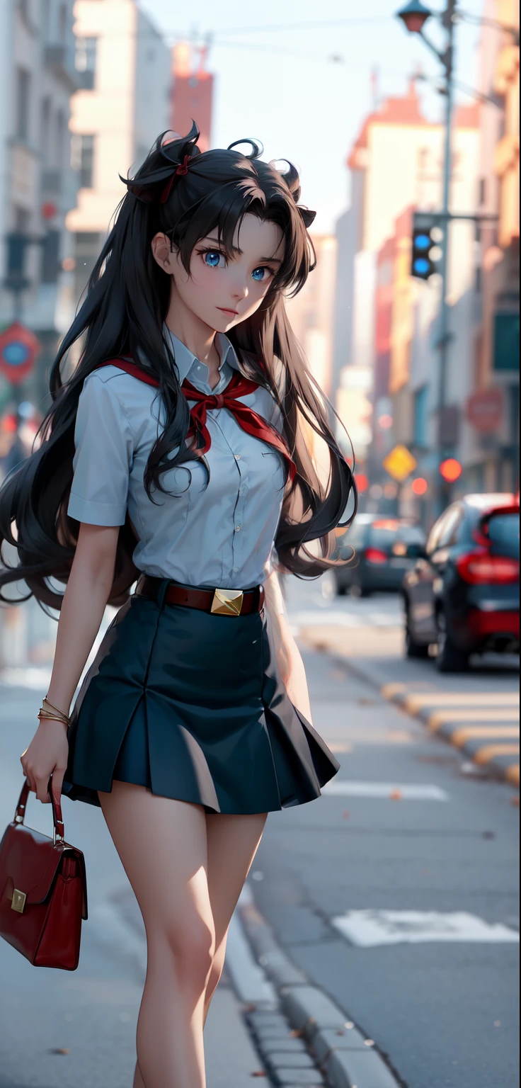 very young slim fit girl, full height, rounded face, (disheveled very long dark hair:1.4), ponytails, big blue eyes, shy smile, perfect medium breast, pioneer neckerchief, micro tight blue pleated skirt, bangs, tight white shirt, short sleeves, collared shirt, belt, red neckerchief, breast pocket, high black stockings, Rin Tohsaka