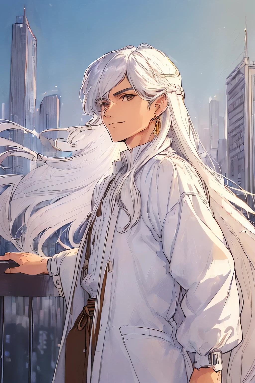 (Man in his mid-20s, Long white hair, Straight hair, Brown eyes:1.6), (80's Retro, City pop:1.5), (masterpiece, best quality, intricate detail:1.4), (anime, illustration:1.2), (pastel colors:1.3), (best photo pose:1.0), (dynamic angle:1.1), Man (mid-20s), (long white hair styled in a sidecut), (straight hair falling in soft waves), (silver long knot earring adorning one ear), (solo:1.0), (smiling subtly with a