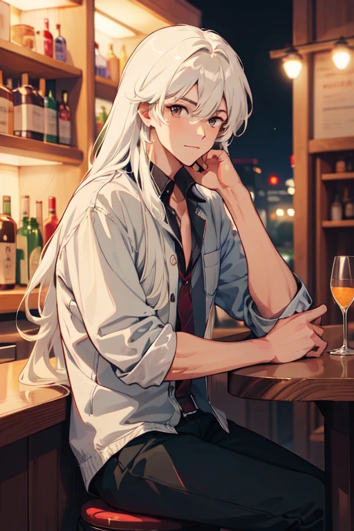 (Tokyo Revengers, Kokonoi Hajime) (Male, Mid 20s, long white hair, brown eyes) 1boy sitting in a bar, night city,epic photo, masterpiece, handsome, detailes eyes