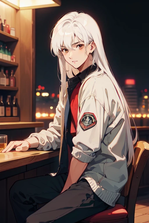 (Tokyo Revengers, Kokonoi Hajime) (Male, Mid 20s, long white hair, brown eyes) 1boy sitting in a bar, night city,epic photo, masterpiece, handsome, detailes eyes