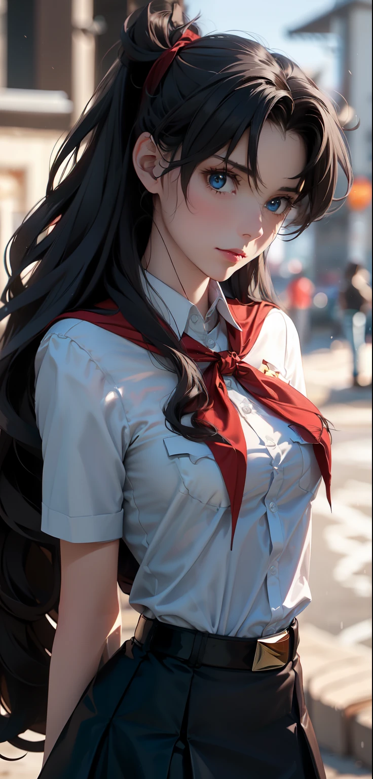 very young slim fit girl, full height, rounded face, (disheveled very long dark hair:1.4), ponytails, big blue eyes, shy smile, perfect medium breast, pioneer neckerchief, micro tight blue pleated skirt, bangs, tight white shirt, short sleeves, collared shirt, belt, red neckerchief, breast pocket, high black stockings, Rin Tohsaka