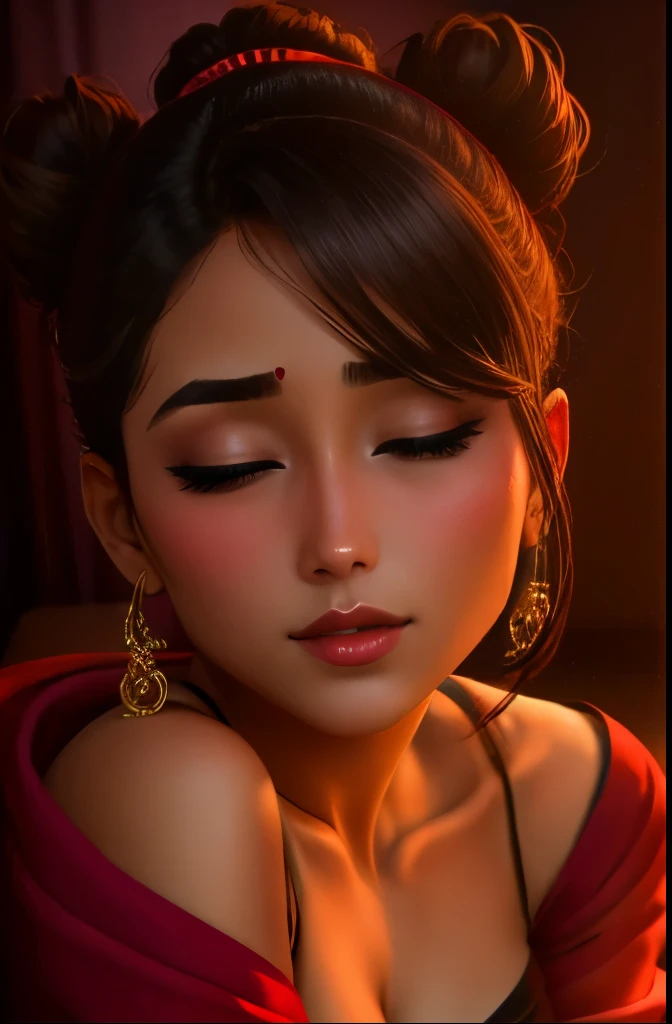 Sexy woman who is wearing a backless blouse and a saree and hair tied in a bun, tiny room, dark room, one lamp, sweaty, pleasure