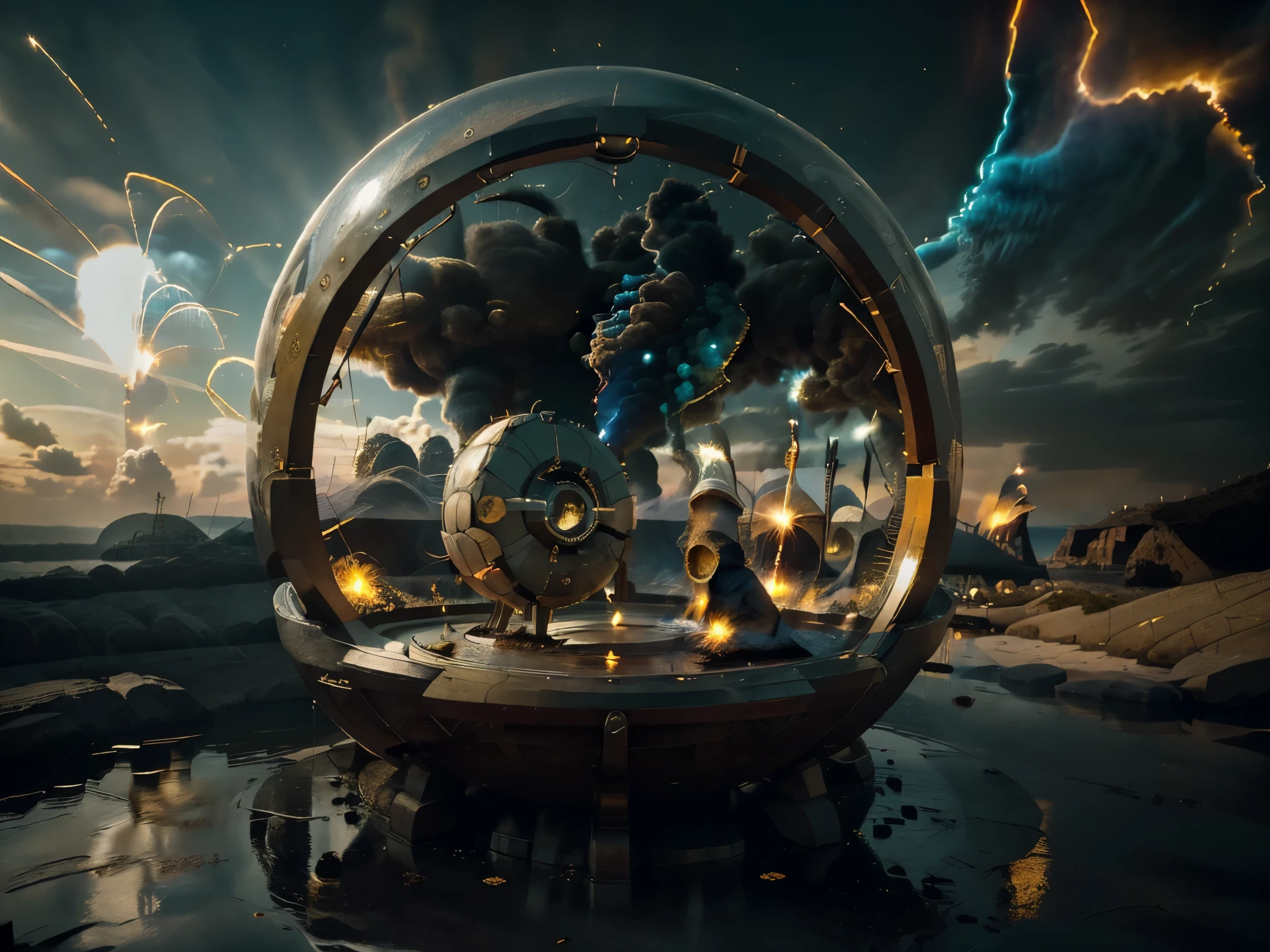 High resolution and sharp 8K image, ((The image must be super original and complex, with a variety of beautiful and vibrant colors:1.4)). (Masterpiece, Best Quality), This illustration captures a ((perfect magic circle and a beautiful, radiant planet formation a portal to another world: 1.5)) powerful mechanization. The backdrop of this masterpiece is nothing short of epic... at night, showing a scene with fireworks and ((smoke around:1.4)). , 32k