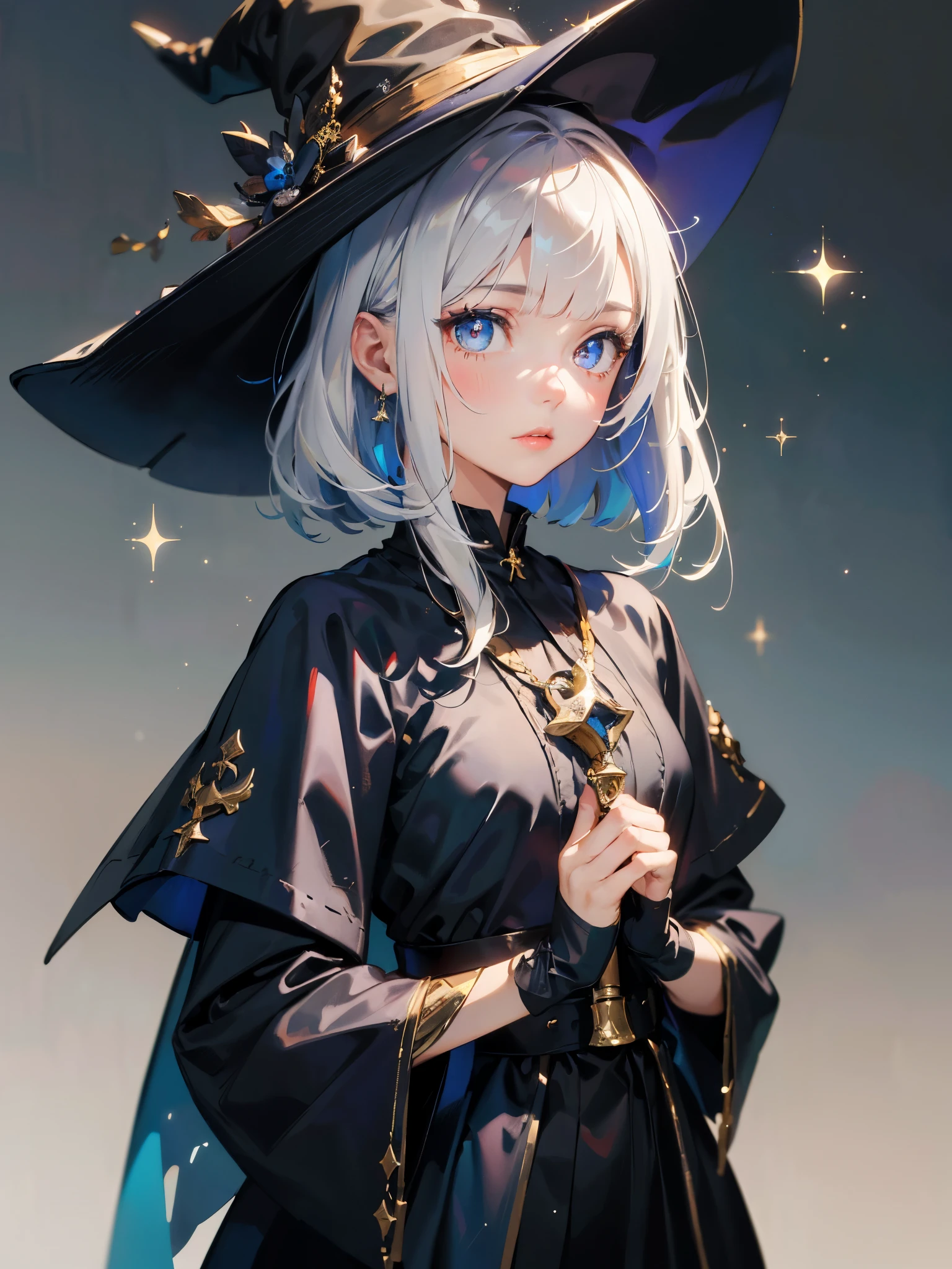 (masterpiece), (works of art), (great work), (fine eyes), (delicate skin), (unusual eyes), (colorful), (short white hair with bangs), (sparkling eyes), (1 girl) with witch's hat, Ancient, old, wearing luxurious medieval clothing, masterpiece, highest quality, best designer, Best Illustration