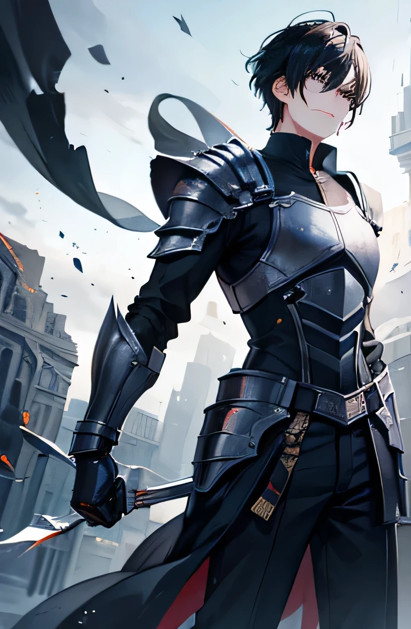 boy with jet black hair, beautiful boy, handsome boy, boy in broken armor, armure en lambeau, portraits, expression d'incertitude, Mature boy, 20 year old boy, boy in broken armor