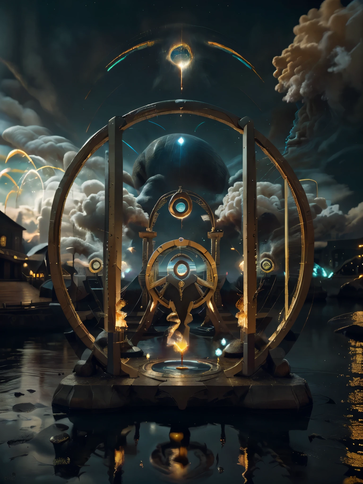 High resolution and sharp 8K image, ((The image must be super original and complex, with a variety of beautiful and vibrant colors:1.4)). (Masterpiece, Best Quality), This illustration captures a ((perfect magic circle and a beautiful, radiant planet formation a portal to another world: 1.5)) powerful mechanization. The backdrop of this masterpiece is nothing short of epic... at night, showing a scene with fireworks and ((smoke around:1.4)). , 32k
