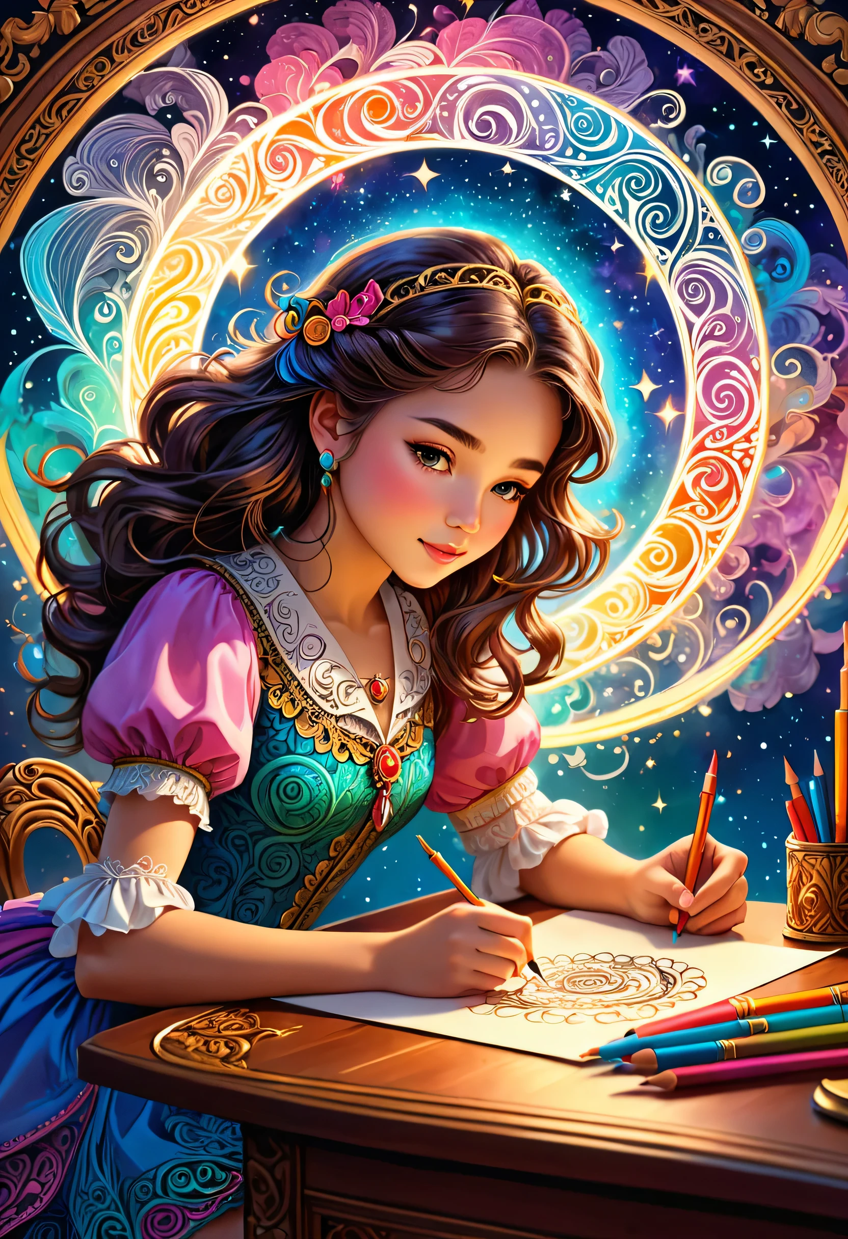 Magical girl drawing a magic circle on the desk,,,parchment,Quill pen,magic ink,illustration style,draw with thick lines,detailed pattern,cute,pop,Gentle color,Cast colorful spells,nice background image,masterpiece,最高masterpiece,Light and shadow,draw carefully,fractal art,rendering,Bright colors,fantasy,fancy,rendering,magic element,zentangle elements,adorable,beautiful