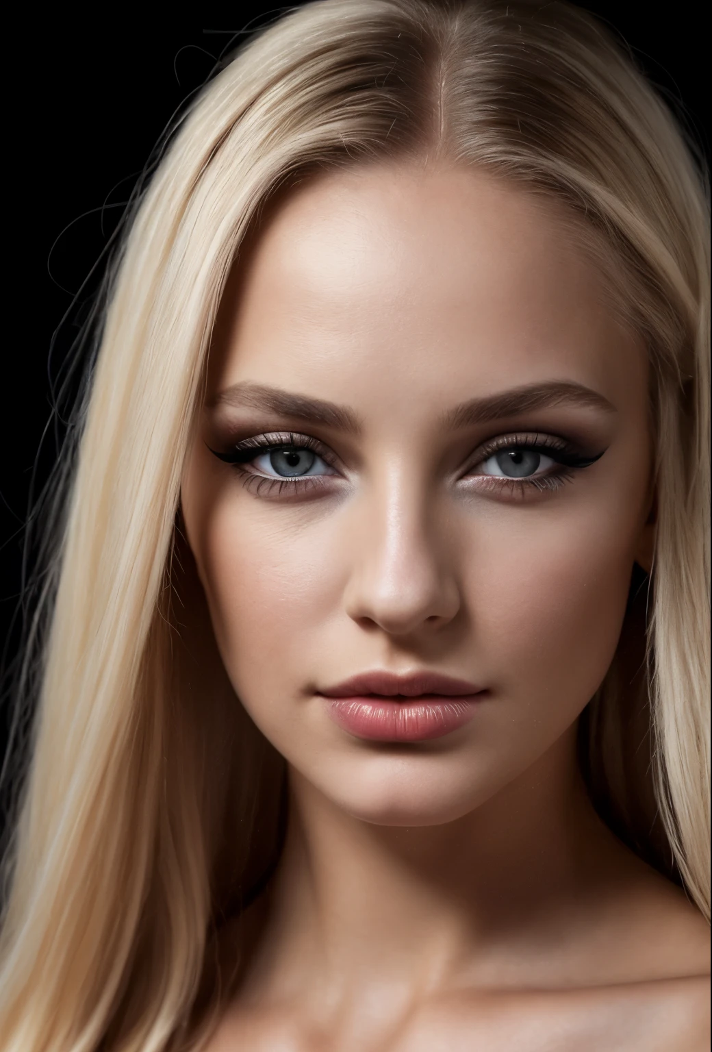 1girl,black background,forehead,black eyes,lips,long blonde long hair,looking at viewer,makeup,mole,nose,portrait,realistic,natural lips, russian, Raw photo,8k,realistic skin details,realistic hair details,perfect skin,8k uhd,dslr,high quality,