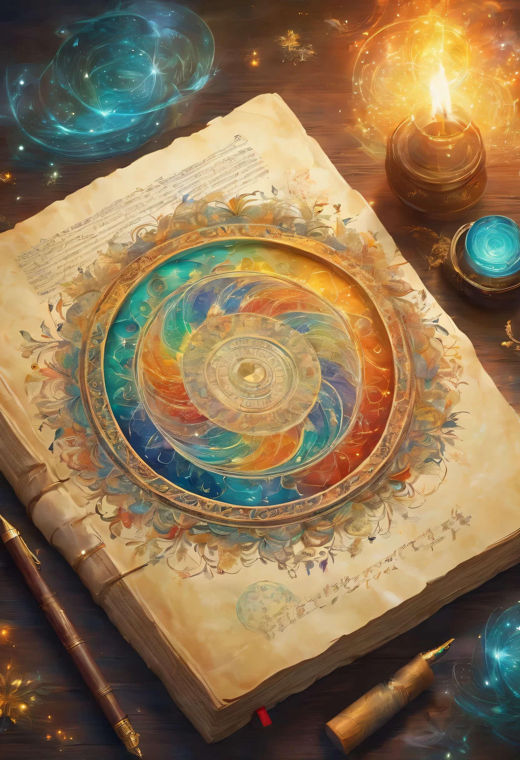 Magic circle depicted in ancient documents,魔法陣の上に浮いている小さなadorable精霊,parchment,Quill pen,magic ink,Ancient magic books,,illustration style,draw with thick lines,detailed pattern,cute,pop,Gentle color,Cast colorful spells,nice background image,masterpiece,最高masterpiece,Light and shadow,draw carefully,fractal art,rendering,Bright colors,fantasy,fancy,rendering,magic element,zentangle elements,adorable,beautiful
