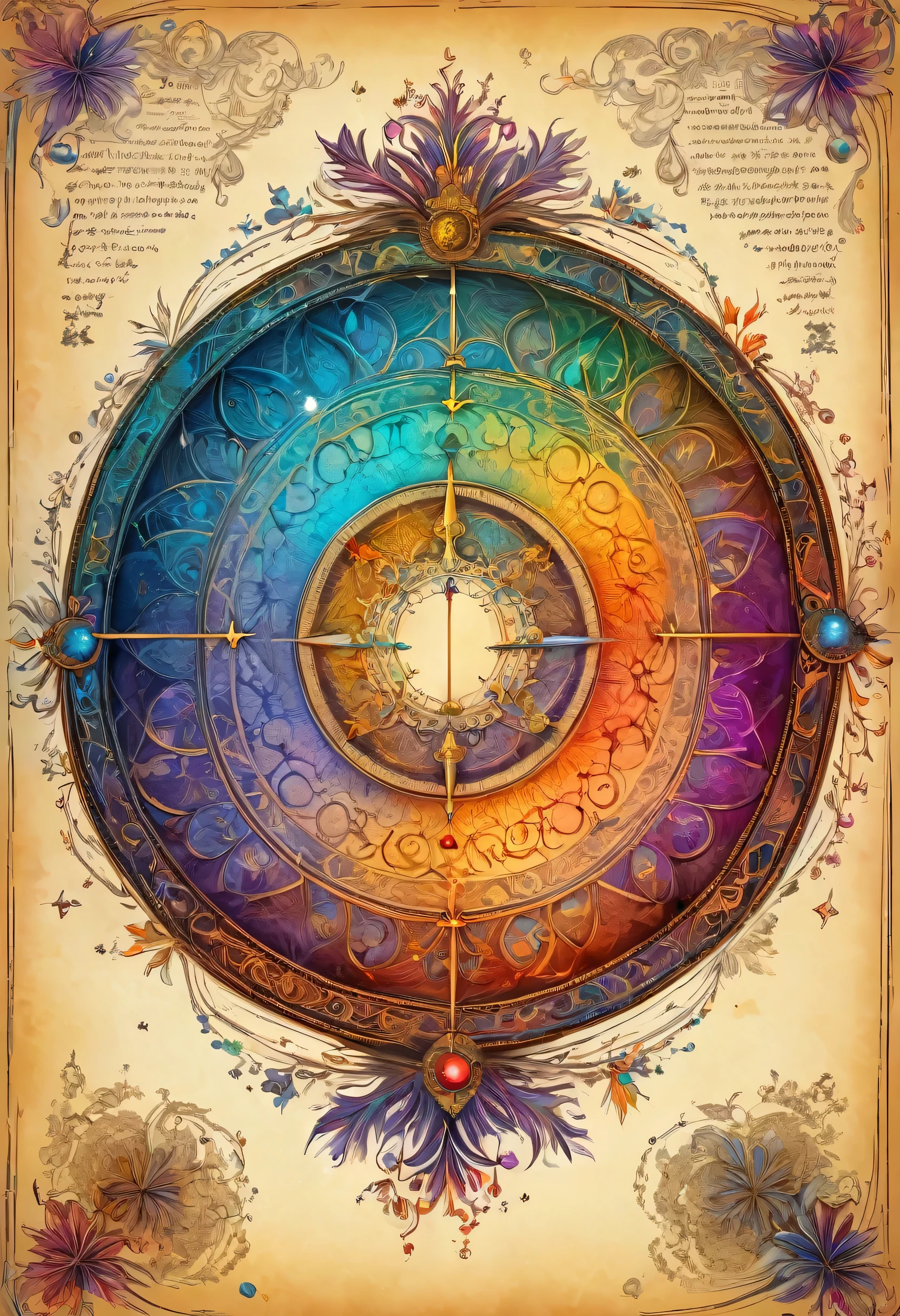 Magic circle depicted in ancient documents,魔法陣の上に浮いている小さなadorable精霊,parchment,Quill pen,magic ink,Ancient magic books,,illustration style,draw with thick lines,detailed pattern,cute,pop,Gentle color,Cast colorful spells,nice background image,masterpiece,最高masterpiece,Light and shadow,draw carefully,fractal art,rendering,Bright colors,fantasy,fancy,rendering,magic element,zentangle elements,adorable,beautiful