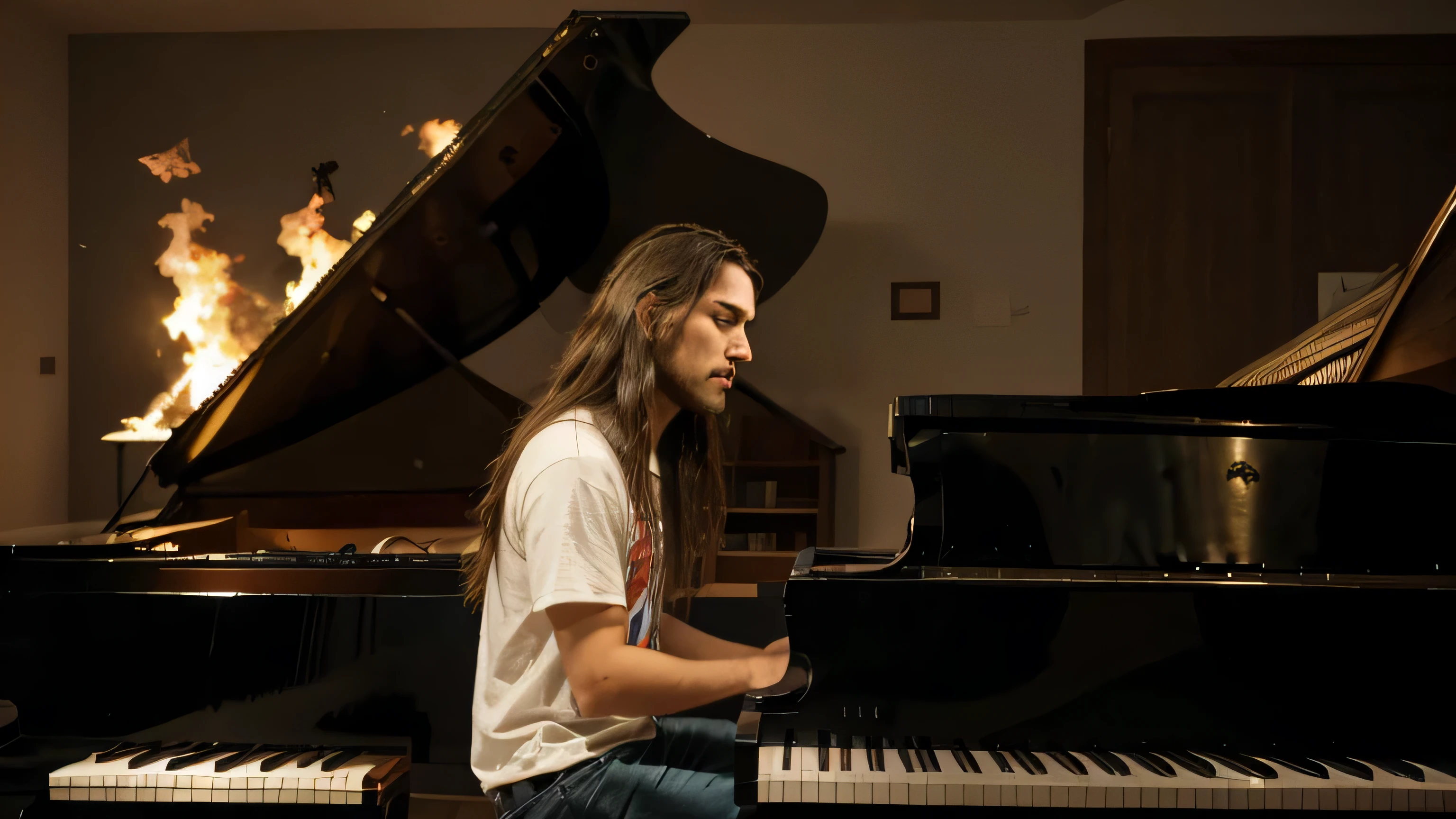 hombre joven de pelo largo tocando el piano, ojos rojos, ambiente destructivo, fuego en todas partes, en una sala acustica
