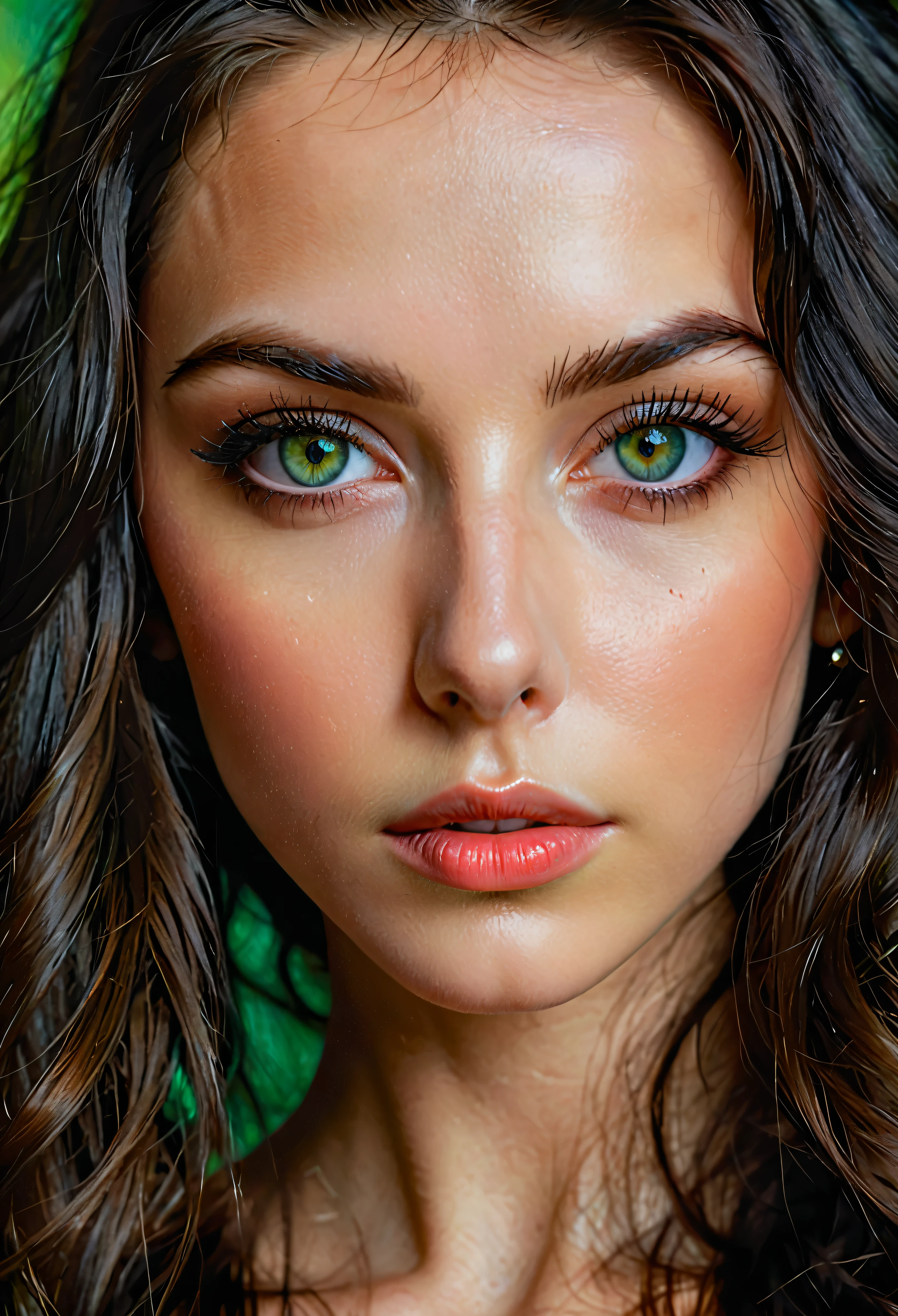 (A high resolution, Realistic), naughty brunette, black hair, long hair, detailed face, big green eyes, big lips, Aristocratic Face, thin nose, close up view, portrait view, photographic quality, oil painting style, Bright colors, Soft lighting