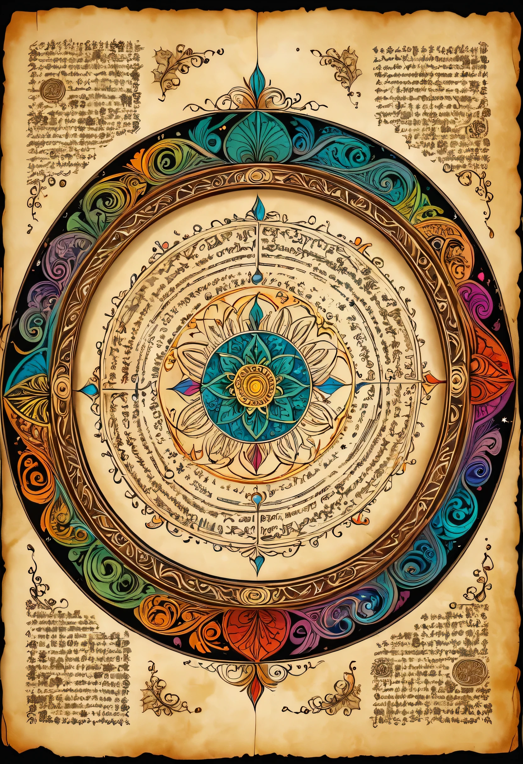 Magic circle depicted in ancient documents,魔法陣の上に浮いている小さなadorable精霊,parchment,Quill pen,magic ink,Ancient magic books,,illustration style,draw with thick lines,detailed pattern,cute,pop,Gentle color,Cast colorful spells,nice background image,masterpiece,最高masterpiece,Light and shadow,draw carefully,fractal art,rendering,Bright colors,fantasy,fancy,rendering,magic element,zentangle elements,adorable,beautiful