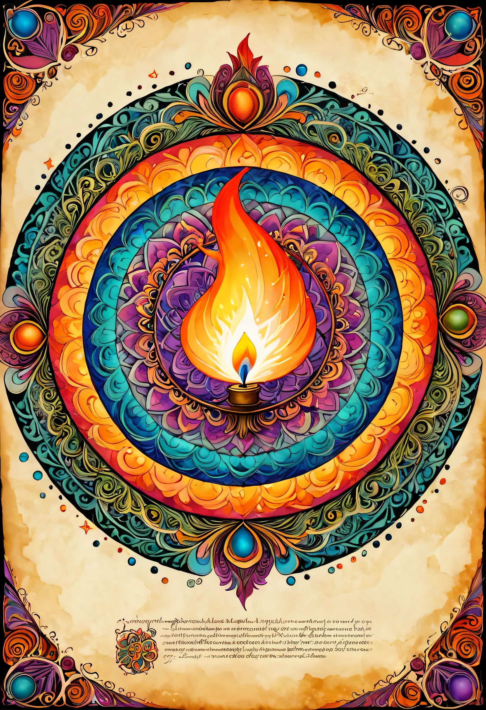 Magic circle depicted in ancient documents,A small flame floating above the magic circle,parchment,Quill pen,magic ink,Ancient magic books,,illustration style,draw with thick lines,detailed pattern,cute,pop,Gentle color,Cast colorful spells,nice background image,masterpiece,最高masterpiece,Light and shadow,draw carefully,fractal art,rendering,Bright colors,fantasy,fancy,rendering,magic element,zentangle elements,adorable,beautiful