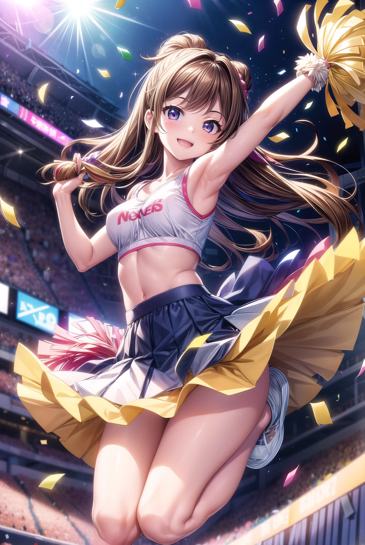 (highest quality:1.2), masterpiece, High resolution, perfect lighting, Lens flare, Cheerleader, jump, long hair, brown hair, C cup breasts, holding a pom pom, gush, Sleeveless with wide open chest, Brilliant, fine eyes, Underwear fully visible skirt that bounces energetically, break ((colorful confetti)), stadium, nice, sparkling, effect、Underwear fully visible、sexy、smile、extraordinary smile、cute、cute