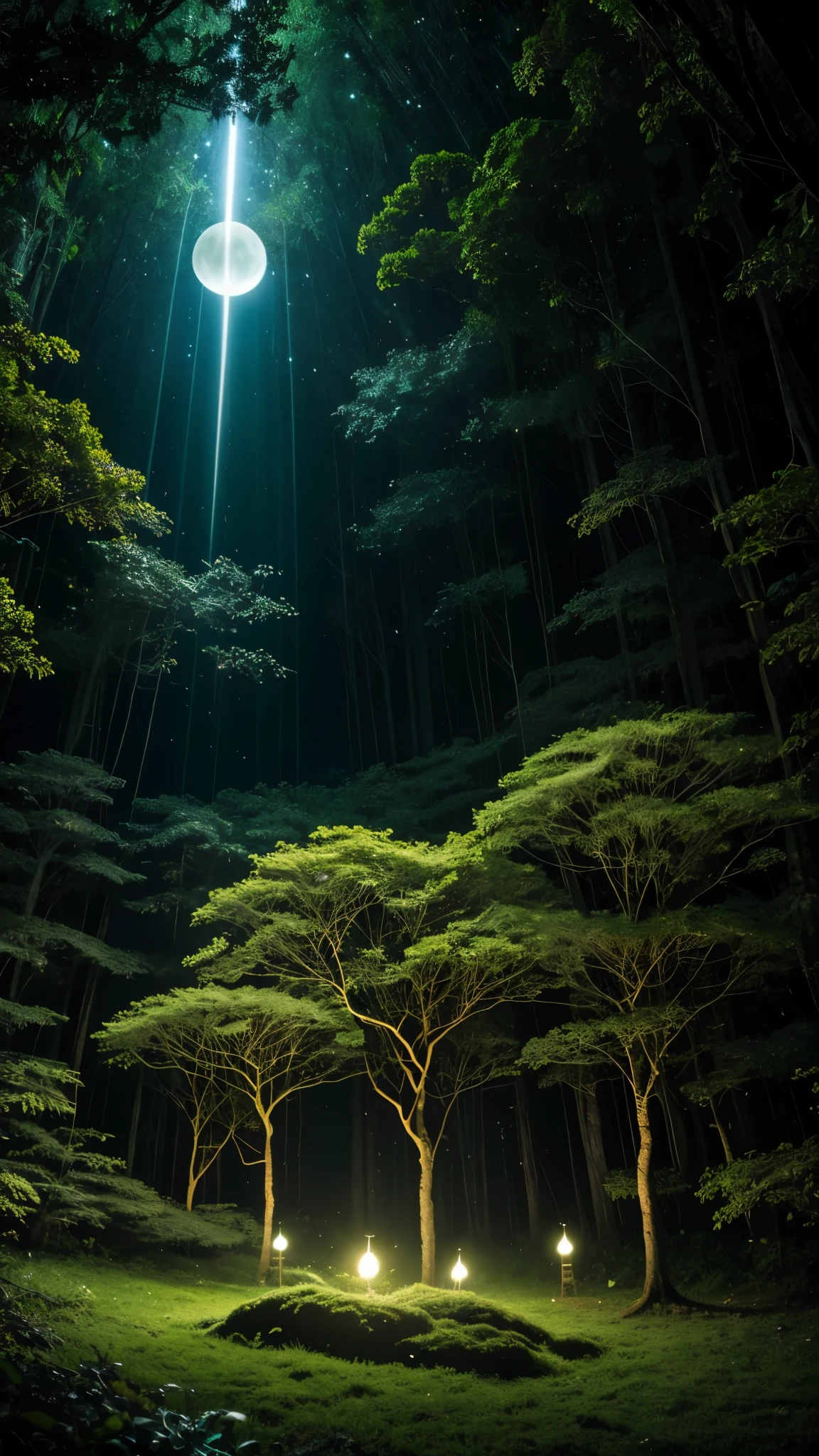 Uma floresta obscura e sombri, a noite iluminada pela lua minguante, cogumelos fotoluminecentes e vaga-lumes, com terra fertil e grama verde escuro. Fantasia, magico, assustador