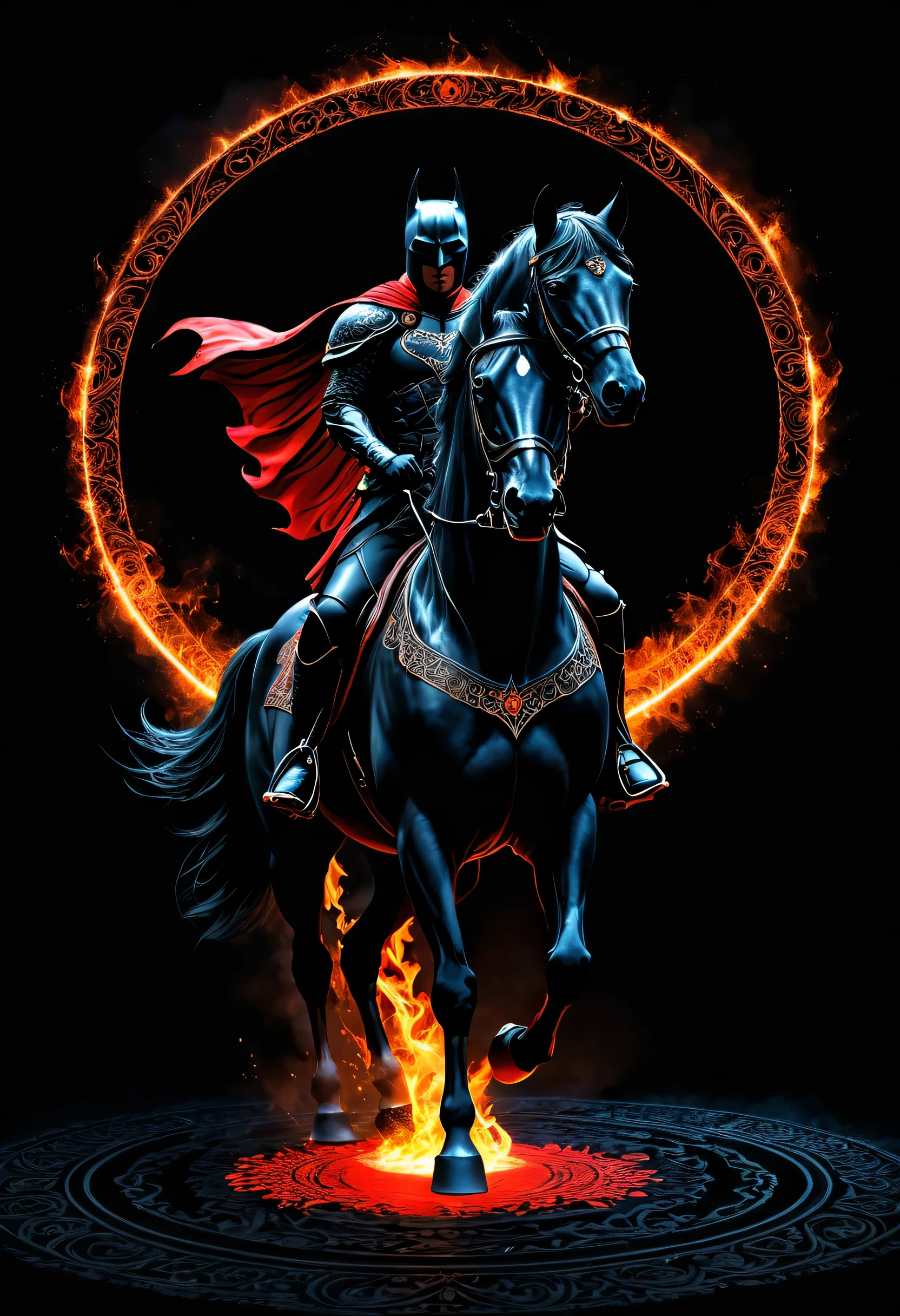 A dark knight riding a black horse stands above a glowing magic circle written on the floor..,dark Knight,horse riding,ダークfantasyの要素,black and red,darknessの騎士:odin,gun,black background,flame effect,magic effect,,masterpiece,最高masterpiece,Light and shadow,draw carefully,fractal art,rendering,fantasy,rendering,,zentangle elements,Beauty that is scary,medium dirt,View of life and death,I'地獄から来たI,nice,nice,Brave,darkness