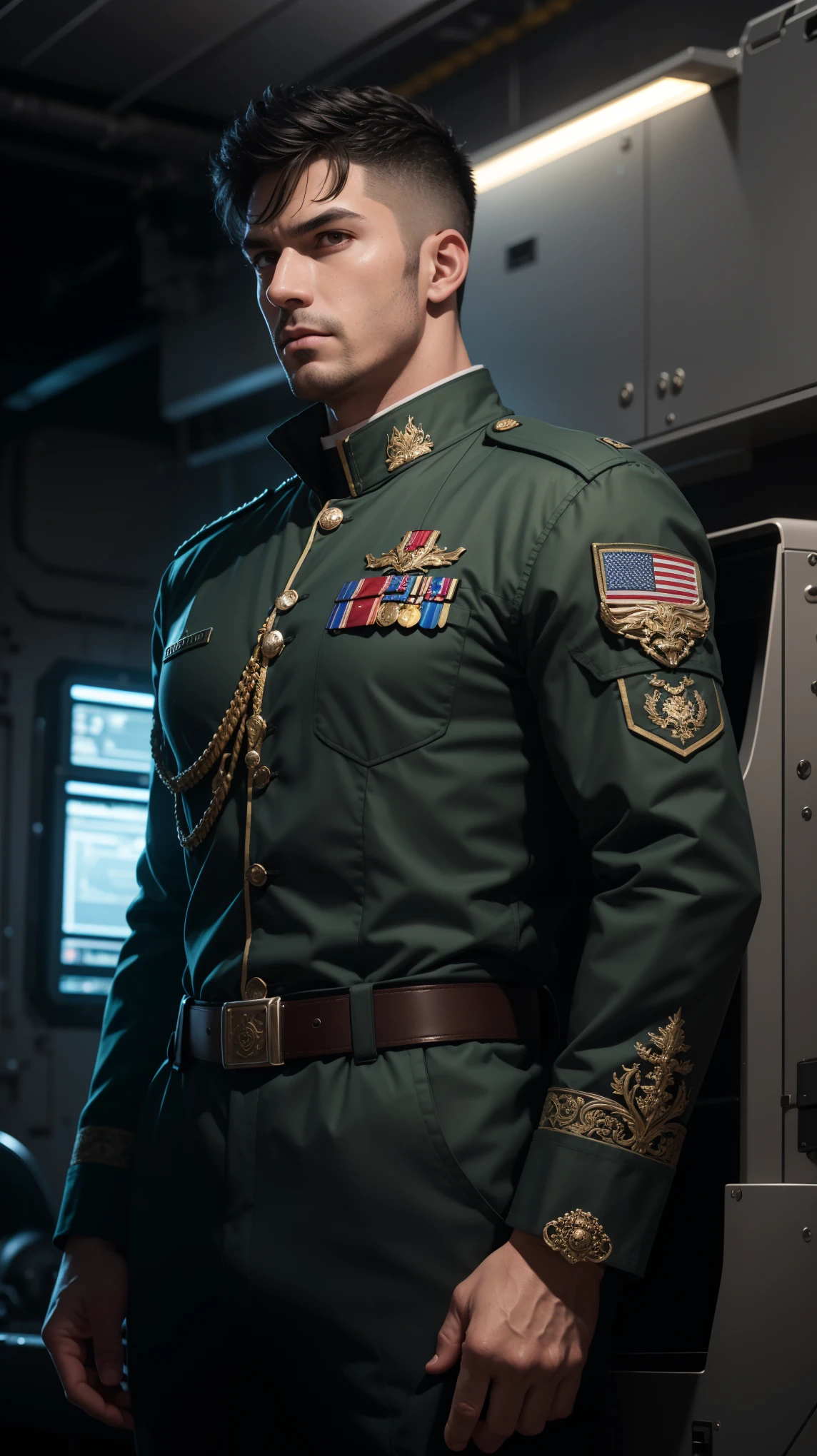 "((photorealism, high quality, detail)), (more than half of the body) science fiction, Futuristic setting, Military personnel, Spaceship pilot, ((strong man, athletic figure)), majestic appearance, arrogant facial expression, looks at us with expressive eyes, proud, handsome, (black) short-cropped hair, gray uniform, pilot's jumpsuit
(dressed In the ornate uniform of an army general:1.10) (medals:1.10), volumetric lighting, Sargent ISO1600 uniform, unreal engin 5, octane rendering, (2D: 1.2), digital painting, artstation, concept art, smooth, clear focus,