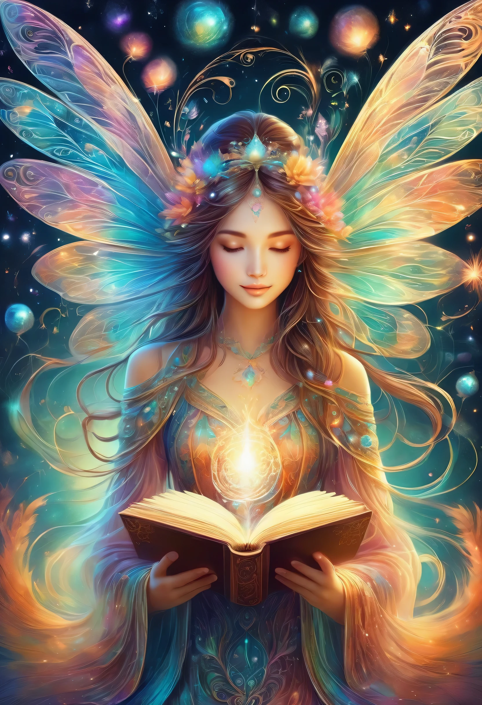 A small wind fairy floating above the magic circle,parchment,Quill pen,magic ink,Ancient magic books,,illustration style,draw with thick lines,detailed pattern,cute,pop,Gentle color,Cast colorful spells,nice background image,masterpiece,最高masterpiece,Light and shadow,draw carefully,fractal art,rendering,Bright colors,fantasy,fancy,rendering,magic element,zentangle elements,adorable,beautiful