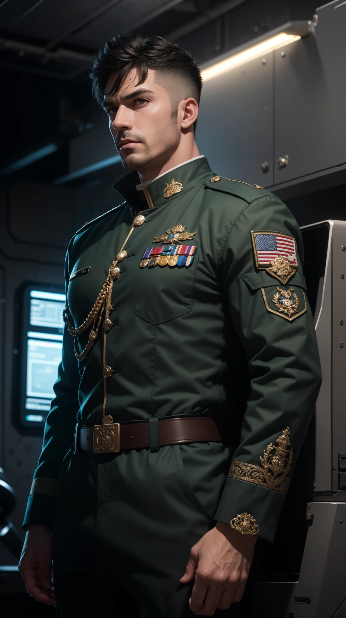 "((photorealism, high quality, detail)), (more than half of the body) science fiction, Futuristic setting, Military personnel, Spaceship pilot, ((strong man, athletic figure)), majestic appearance, arrogant facial expression, looks at us with expressive eyes, proud, handsome, (black) short-cropped hair, gray uniform, pilot's jumpsuit
(dressed In the ornate uniform of an army general:1.10) (medals:1.10), volumetric lighting, Sargent ISO1600 uniform, unreal engin 5, octane rendering, (2D: 1.2), digital painting, artstation, concept art, smooth, clear focus,