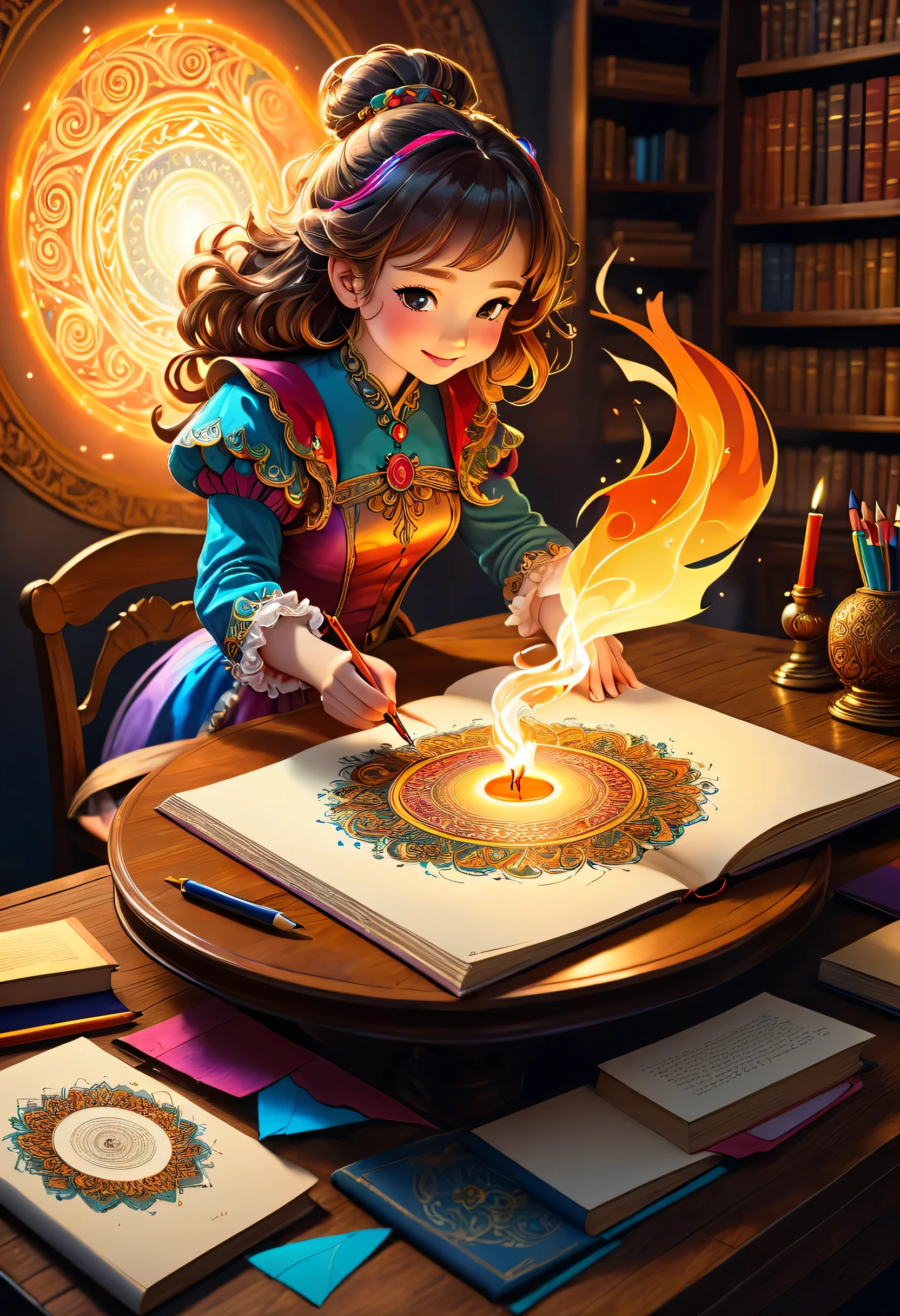 Magic circle drawn on the desk,A small flame floating above the magic circle,happy magical girl,parchment,Quill pen,magic ink,Ancient magic books,,illustration style,draw with thick lines,detailed pattern,cute,pop,Gentle color,Cast colorful spells,nice background image,masterpiece,最高masterpiece,Light and shadow,draw carefully,fractal art,rendering,Bright colors,fantasy,fancy,rendering,magic element,zentangle elements,adorable,beautiful