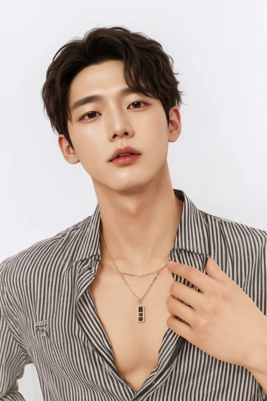 Un primer plano de una persona con una camisa y un collar, jinyoung shin, Jung Jaehyun, cai xukun, hyung tae, lee wonbin, hong junio hyung, kim taejin, escaneo de revista, marca lee, quien es siwoo, escaneo de alta calidad, kim doyoung, shin jeongho, hyung tae kim, seson yoon, Inspirado por Bian Shoumin