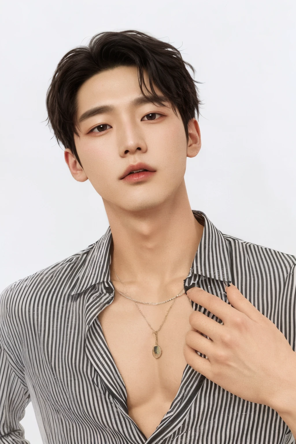 Un primer plano de una persona con una camisa y un collar, jinyoung shin, Jung Jaehyun, cai xukun, hyung tae, lee wonbin, hong junio hyung, kim taejin, escaneo de revista, marca lee, quien es siwoo, escaneo de alta calidad, kim doyoung, shin jeongho, hyung tae kim, seson yoon, Inspirado por Bian Shoumin